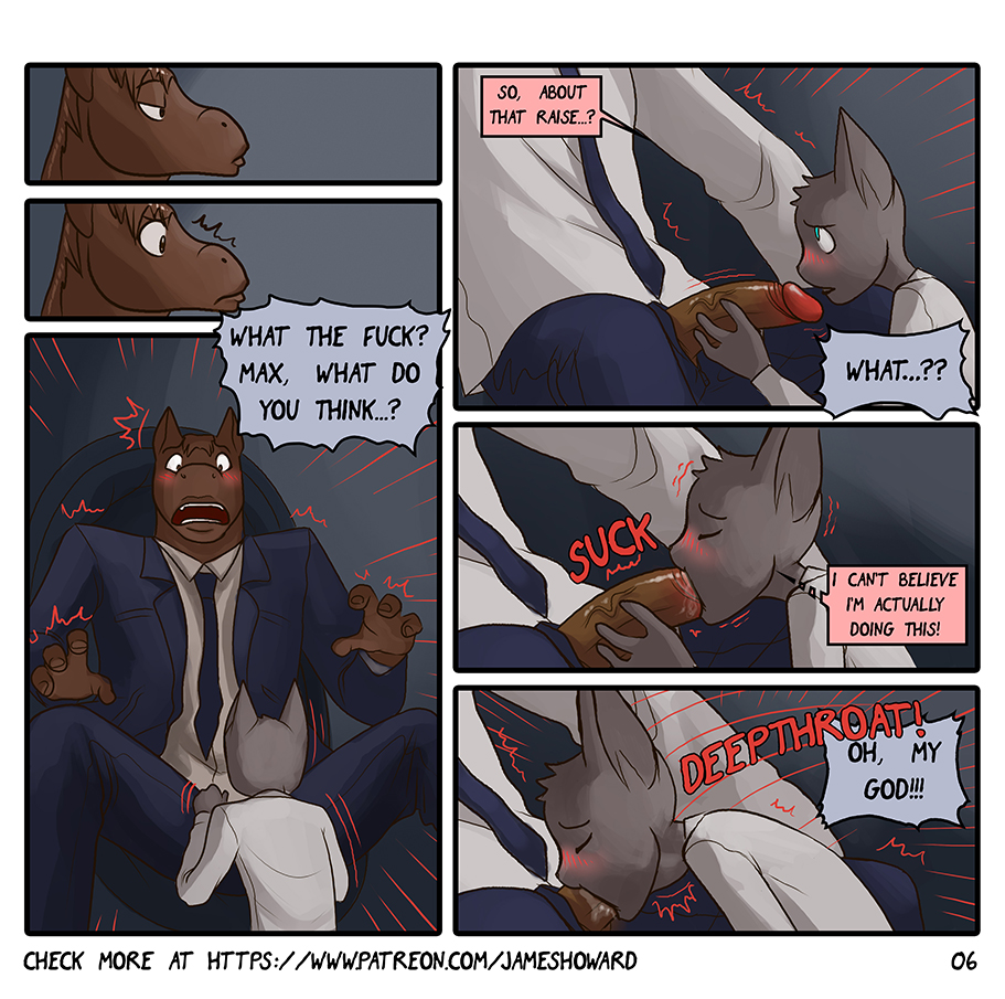 anthro boss comic deep_throat deepthroat equine feline fellatio james_howard male male_only mammal max max_(james_howard) office oral page_6 page_number penetration penis sex suit throat_bulge yaoi