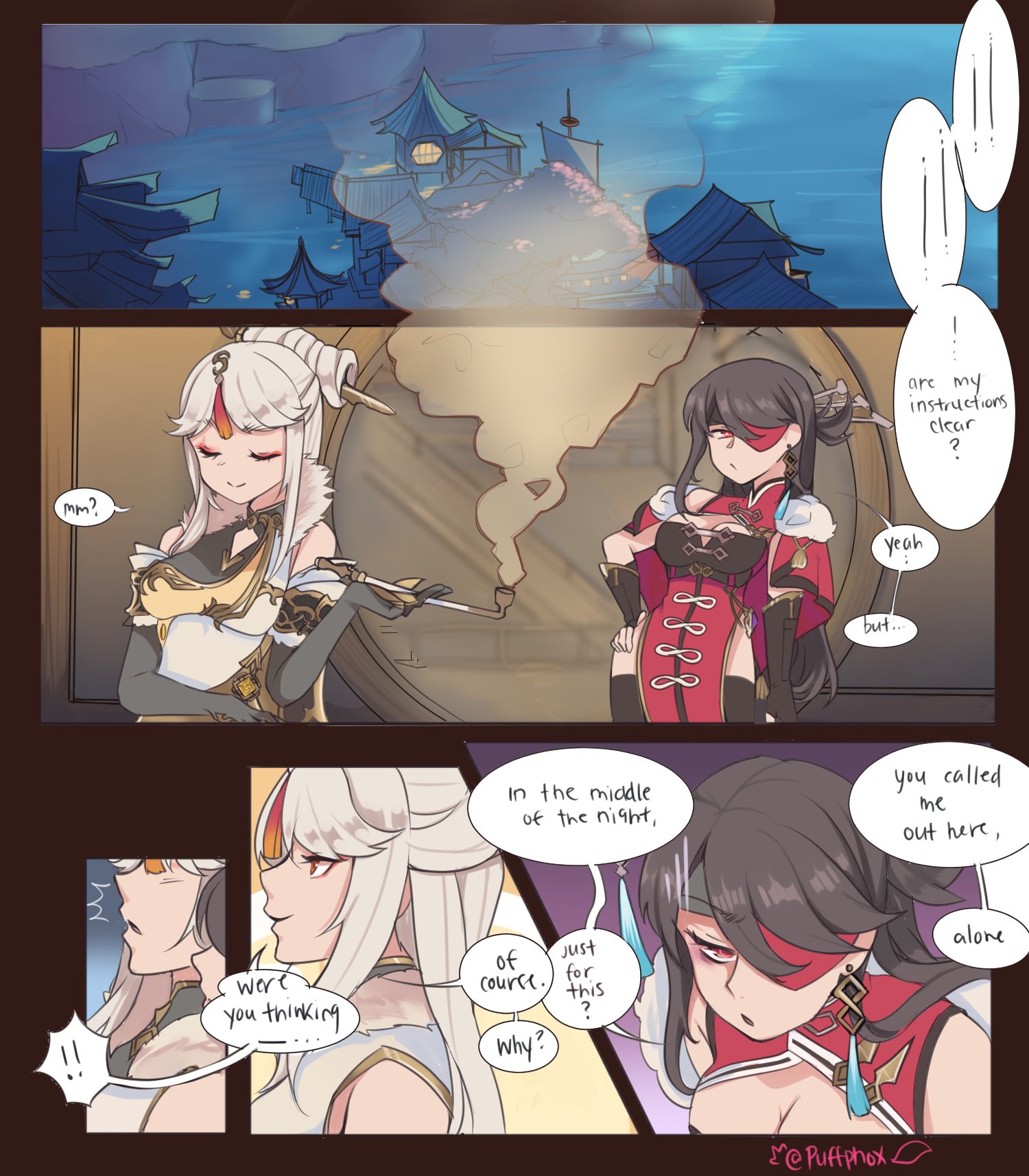 beidou (genshin impact), brown hair, dialogue, eye patch, female, female only, genshin impact, hair over one eye, lesbian, long hair, ningguang (genshin impact), puffphox, text, white hair, yuri