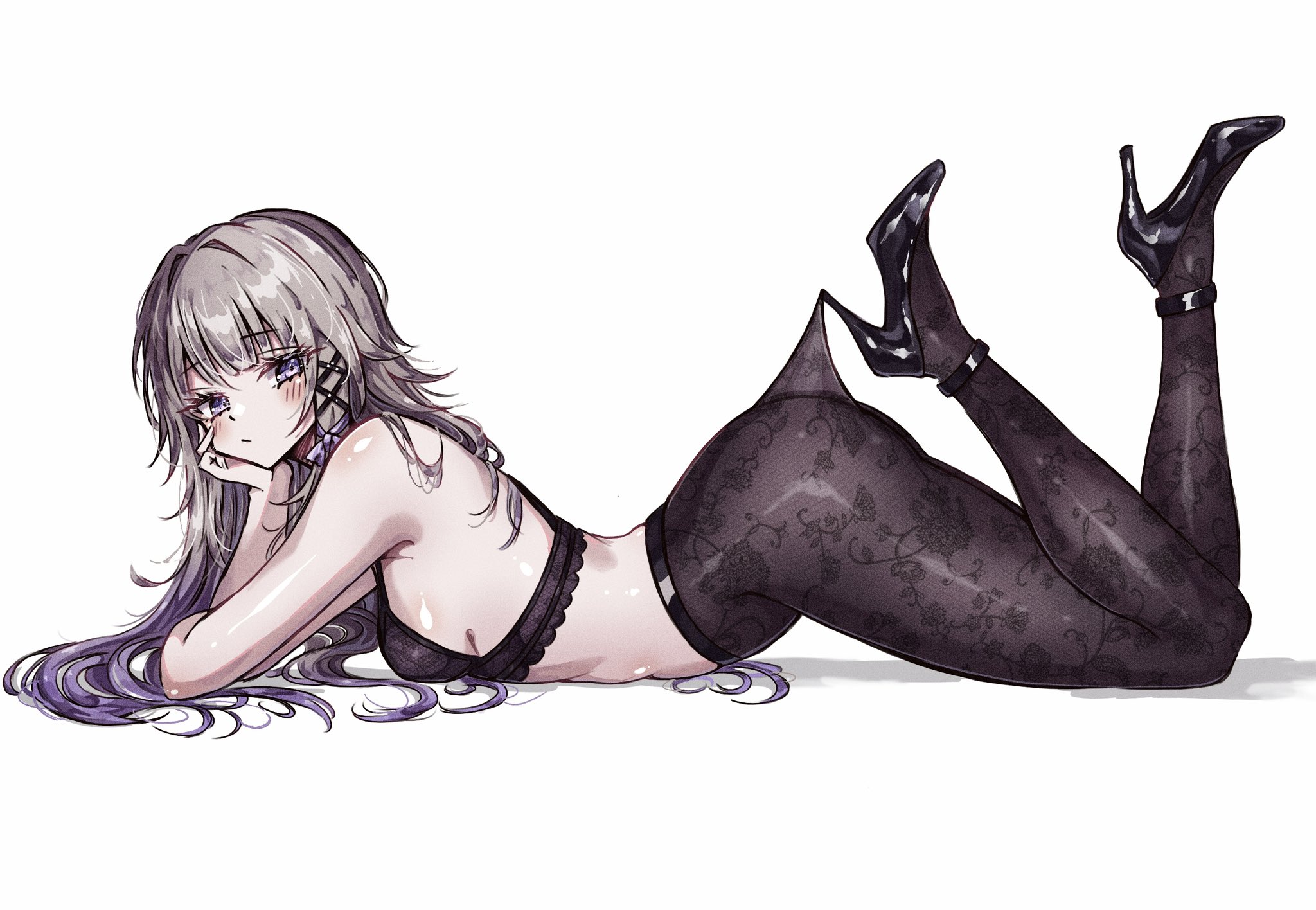 1girl, 1girls, absurdres, arm support, ass, bare shoulders, beautiful, big ass, black bra, black heels, black pantyhose, blush, bra, breasts, brown hair, female, female focus, female only, gorgeous, hair ornament, heels, herta (honkai: star rail), highres, hips, hips wider than shoulders, honkai (series), honkai: star rail, huge ass, laying on stomach, long hair, looking at viewer, mommy, multicolored hair, on stomach, pantyhose, posing, posing for the viewer, purple eyes, purple hair, sideboob, simple background, small breasts, solo, the herta (honkai: star rail), thick ass, thick thighs, thighs, usa (usagi minku), witch