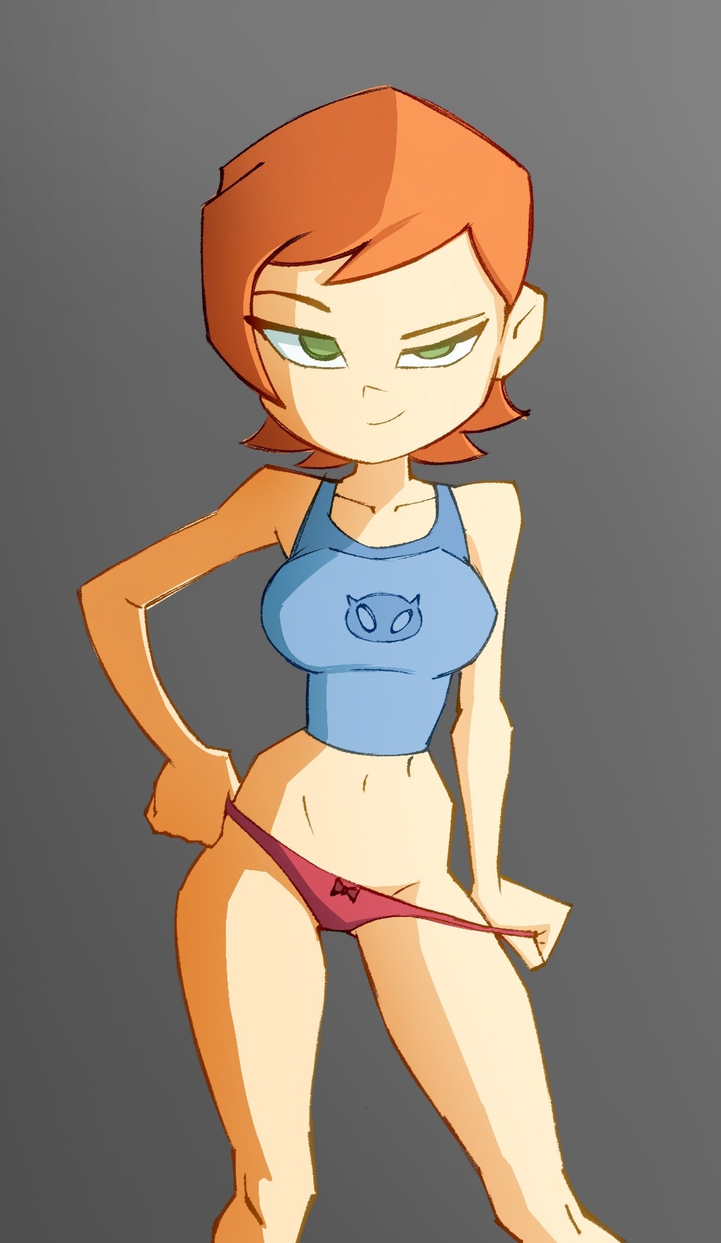 ben 10, ben 10 (classic), breekn, brikmk, gwen tennyson, gwen tennyson (classic), orange hair, panties, pulling down pants, short hair, simple background, solo, solo female, standing
