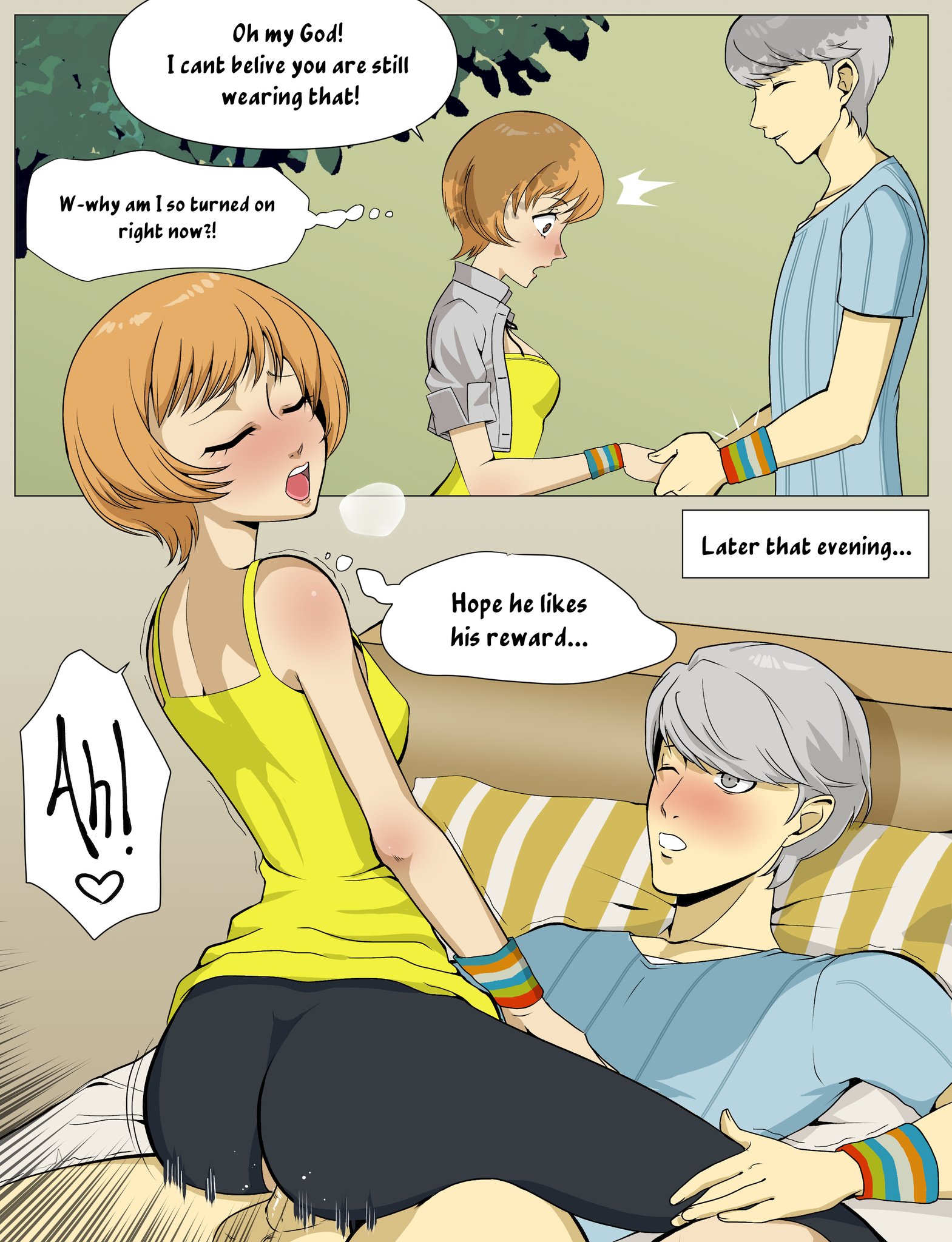 1boy, 1girls, 2d, atlus, blushing, brown eyes, brown hair, clothed sex, comic, couple, dialogue, english, english dialogue, english text, eyes closed, female, green eyes, grey hair, hi res, holding hands, human, human female, human male, human only, maidenlessjay, male, male/female, mouth open, narukami yu, one eye closed, one eye open, persona, persona 4, pleasure face, satonaka chie, sega, sex, speech bubble, straight, text, text bubble, tomboy, vaginal penetration, wholesome, wholesome couple, wholesome sex