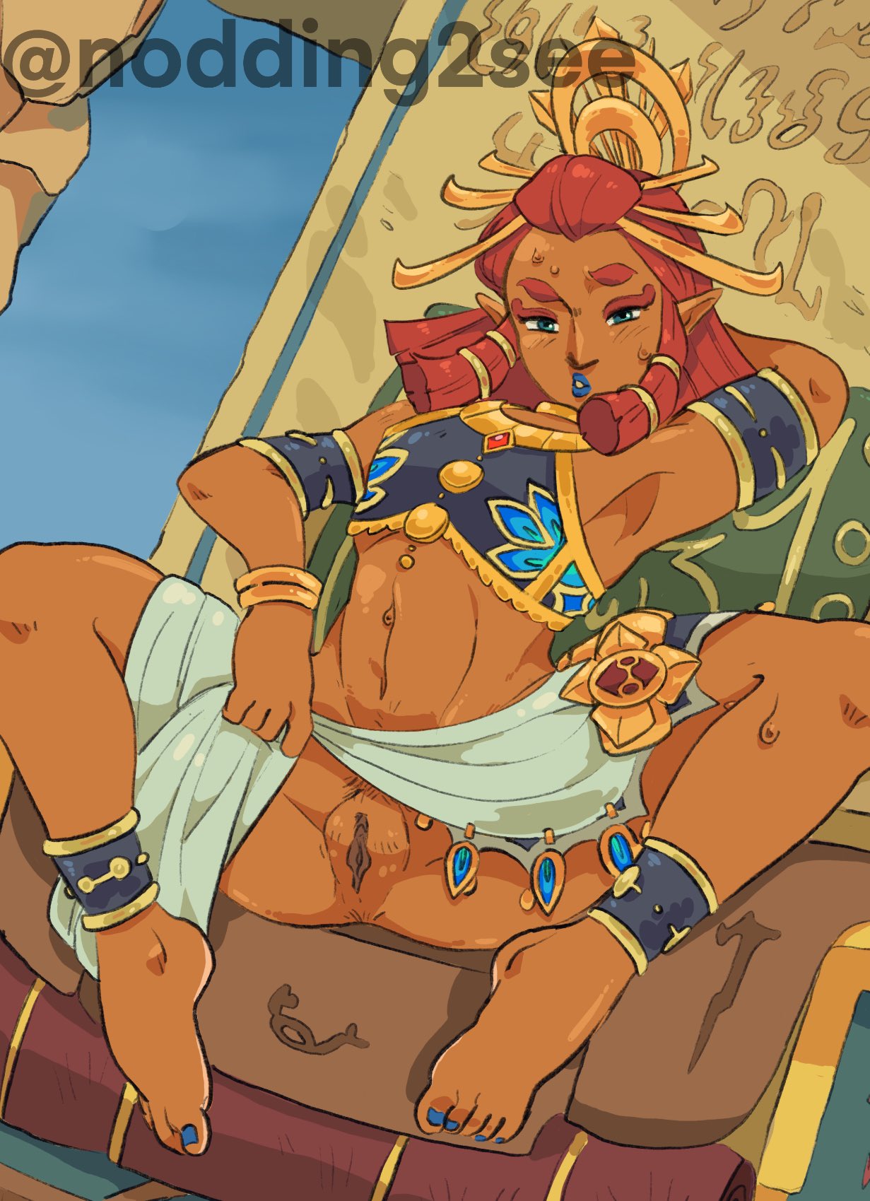 1girls, absurdres, blue lips, blue lipstick, blue nails, breath of the wild, clothes lift, dark skin, dark-skinned female, day, female, flat colors, gerudo, highres, jewelry, lifting own clothes, lifting skirt, lipstick, looking at viewer, nail polish, neck ring, nintendo, no panties, nodding2see, partially clothed, pussy, red hair, revealing pussy, riju, ring hair ornament, skirt, skirt lift, small chest, smile, solo, solo female, tears of the kingdom, the legend of zelda, thick eyebrows