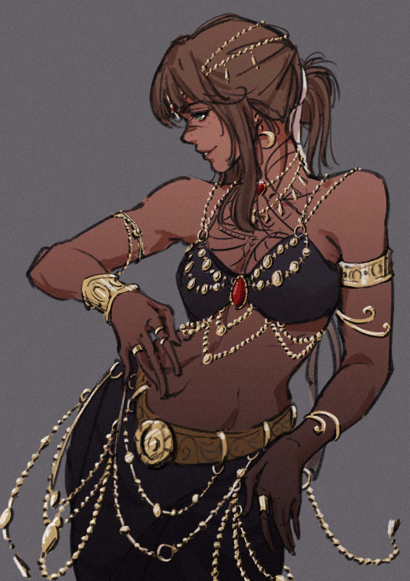 artist request, belly dancer outfit, bra, bracelets, clair obscur: expedition 33, gold jewelry, green eyes, harem outfit, harem pants, jewelry, looking away, oriental, sciel (clair obscur expedition 33), tummy