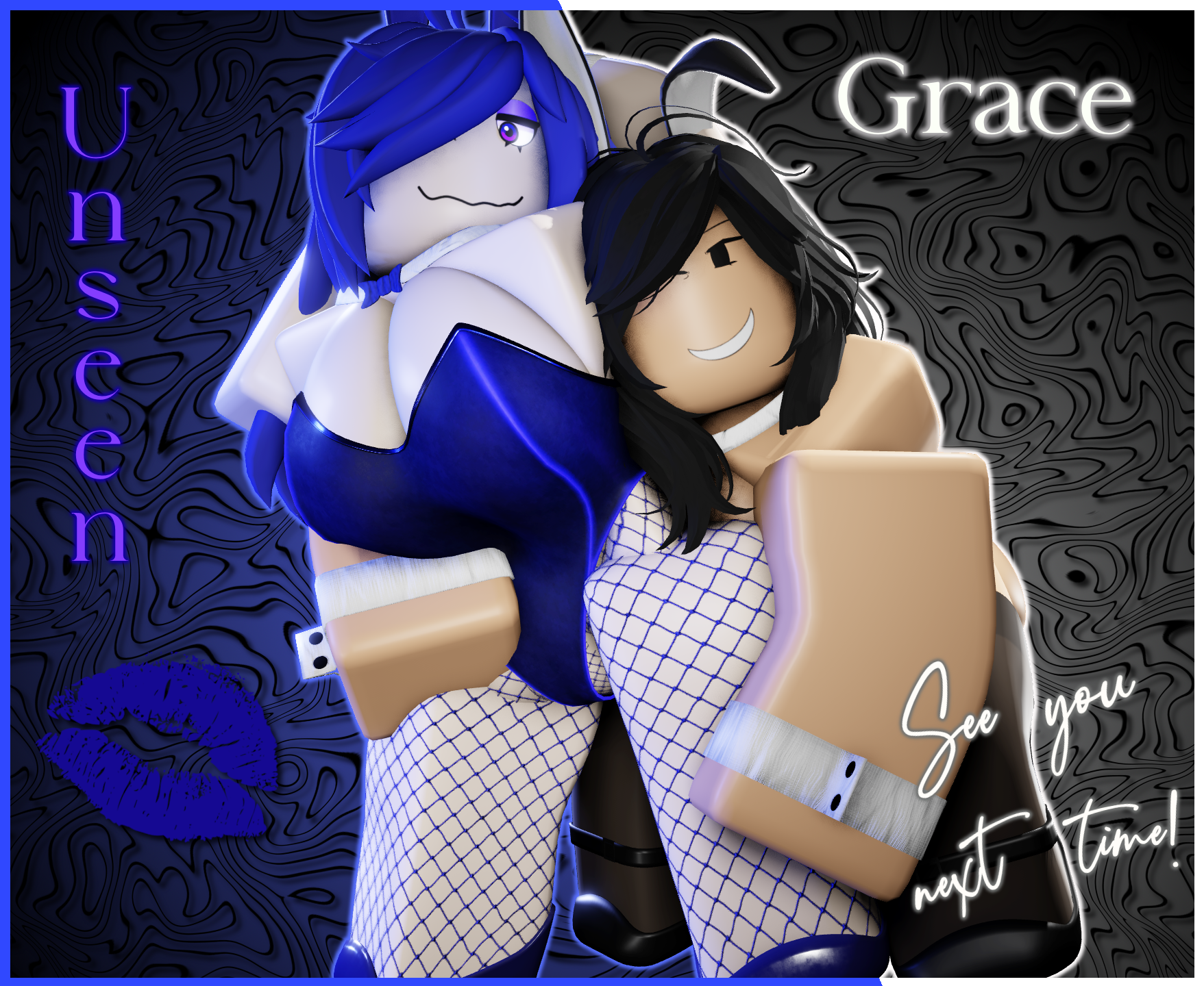 2girls, 3d, arm around waist, arms up, bloxmodeller, bunny ears, bunnysuit, character name, female, female only, grace (bloxmodeller), hugging, hugging from behind, original character, original characters, roblox, robloxian, self upload, tagme, unseen (unseenfury)