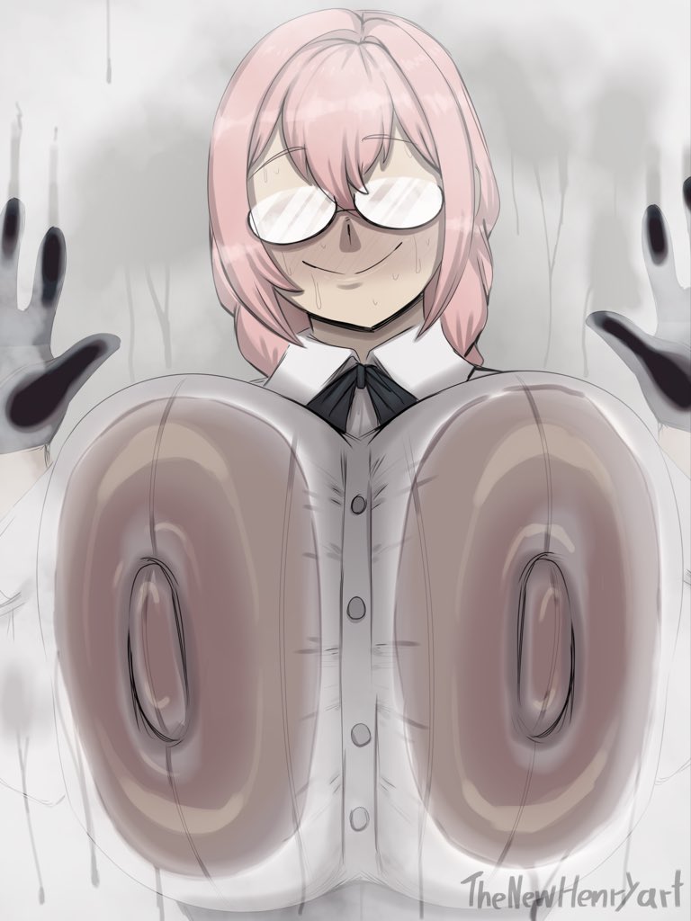 1girls, big breasts, black neckwear, breast press, breasts, breasts on glass, bursting breasts, button gap, collared shirt, dress shirt, glasses, hoyoverse, huge breasts, megane, mihoyo, pink hair, popped button, shirt, smile, solo, tagme, thenewhenryart, tray, tsukishiro yanagi, white shirt, zenless zone zero
