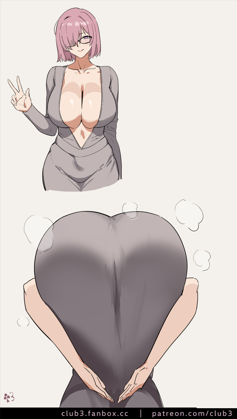 artist signature, big ass, club3, dongtan dress, fate (series), fate/grand order, glasses, grey dress, hair over one eye, huge ass, large breasts, light-skinned female, mash kyrielight, peace sign, pink eyes, pink hair, praise da booty (meme), tagme, thick thighs, white background