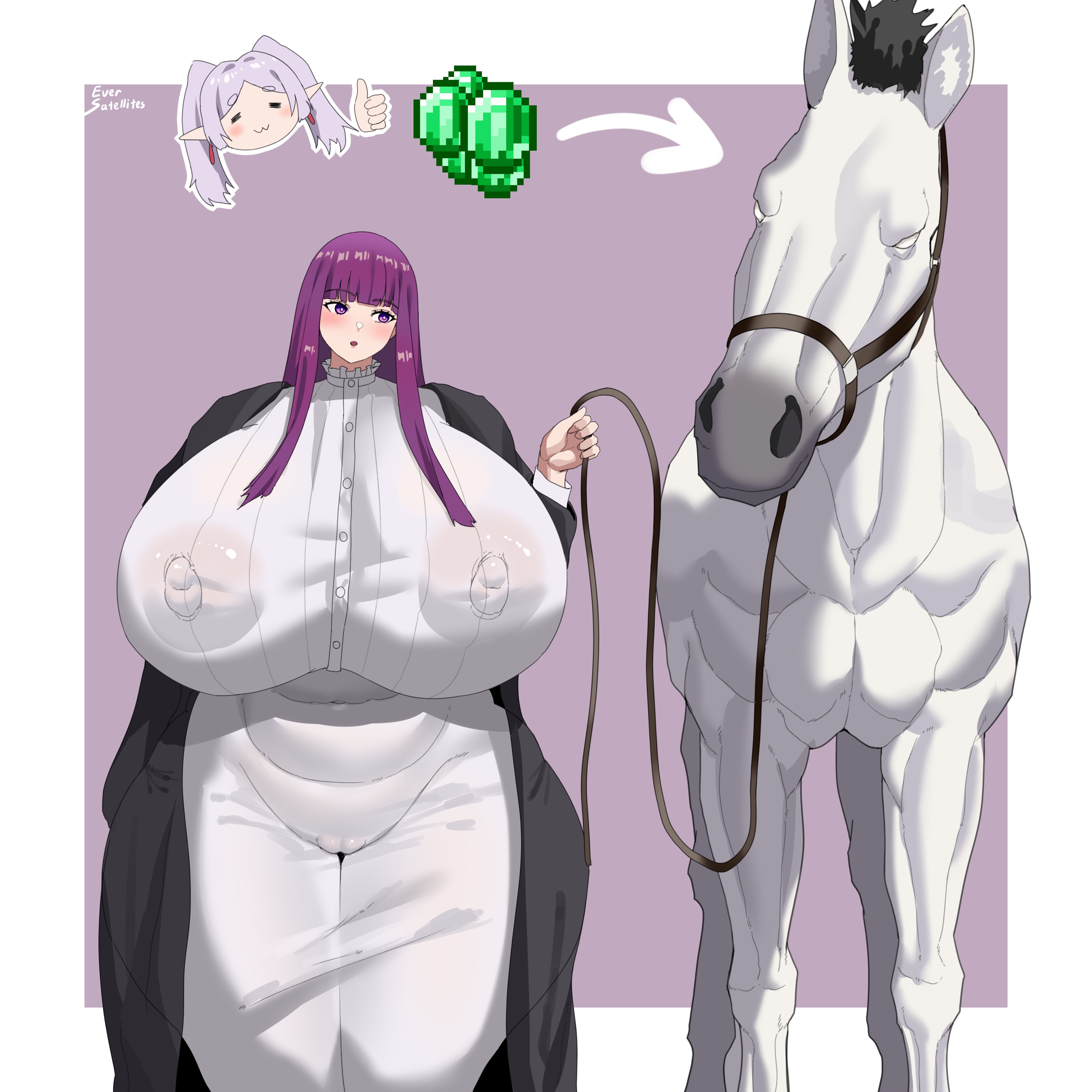 2girls, bangs, blush, breasts, collar, covered nipples, curvy, dress, eversatellites, fern (sousou no frieren), frieren, gigantic breasts, horse, huge breasts, leash, long hair, purple eyes,, purple hair, pussy, see-through, sousou no frieren, tagme, white legwear, wide hips