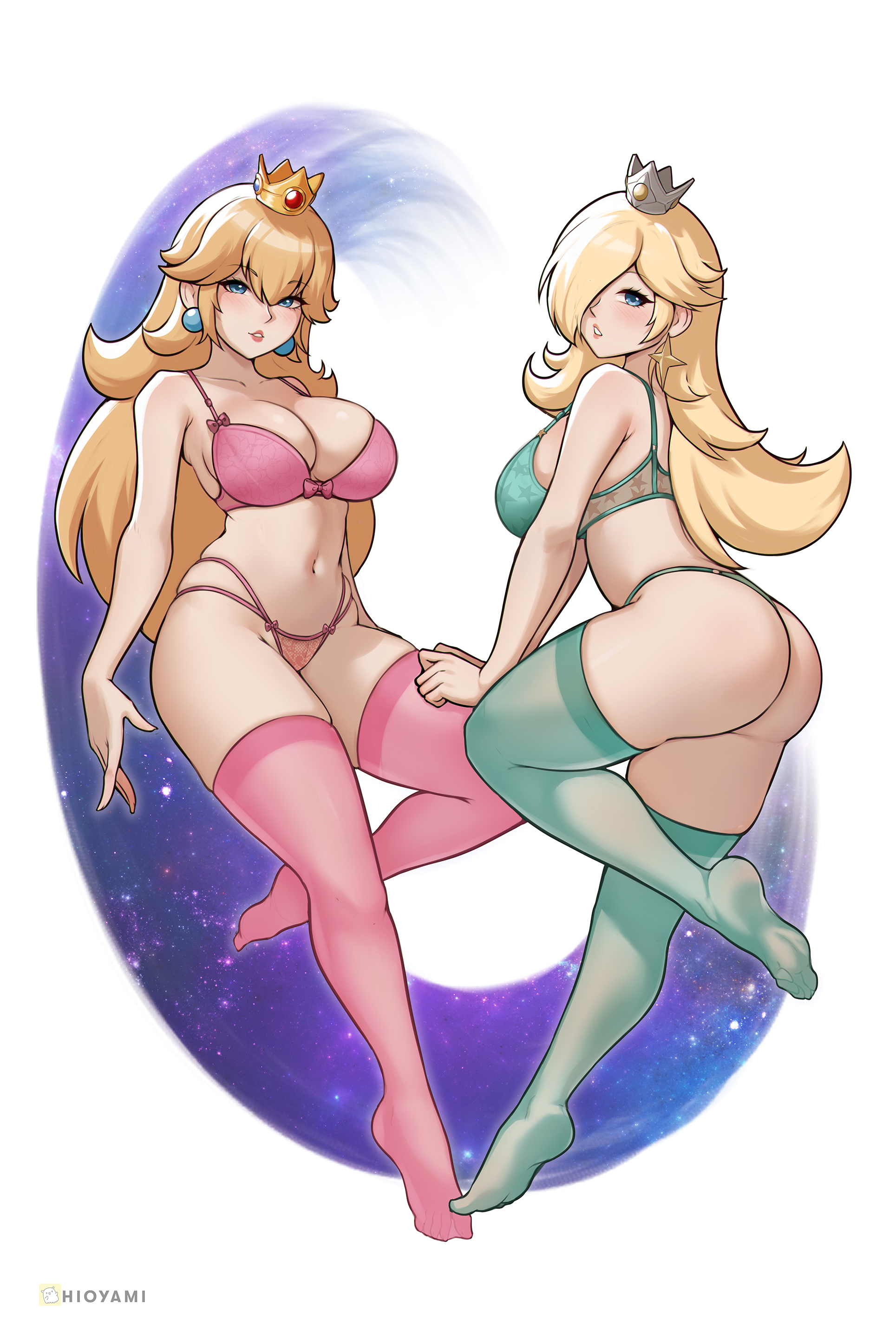 2girls, ass, back length hair, bare shoulders, big breasts, blonde hair, blue bra, blue eyes, blue panties, bra, breasts, cleavage, crown, ear piercing, earrings, feet, female, female only, full body, hair, hair over one eye, headwear, hioyami, hips, lace, lace trim, lace-trimmed bra, lace-trimmed panties, leggings, legwear, light skin, light-skinned female, mario (series), navel, negative space, nintendo, panties, parted lips, pink bra, pink panties, pink thighhighs, princess peach, princess rosalina, shoulders, side view, sideboob, space, stars, thighhighs, thighs, white background
