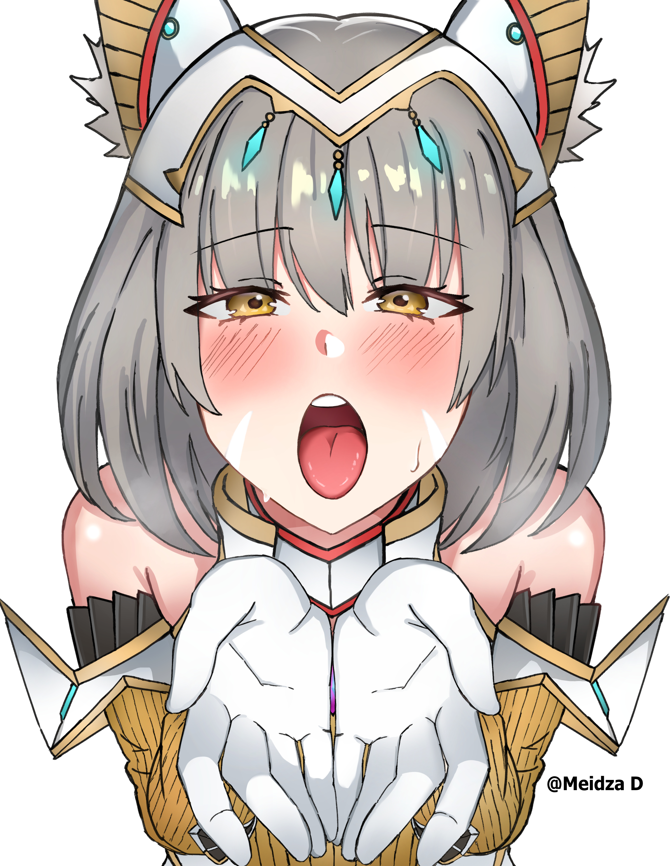 amber eyes, blush, cat ears, catgirl, cupping hands, detached sleeves, facial markings, grey hair, meidza d, nia, open mouth, oral invitation, queen nia, xenoblade (series), xenoblade chronicles 2, xenoblade chronicles 3