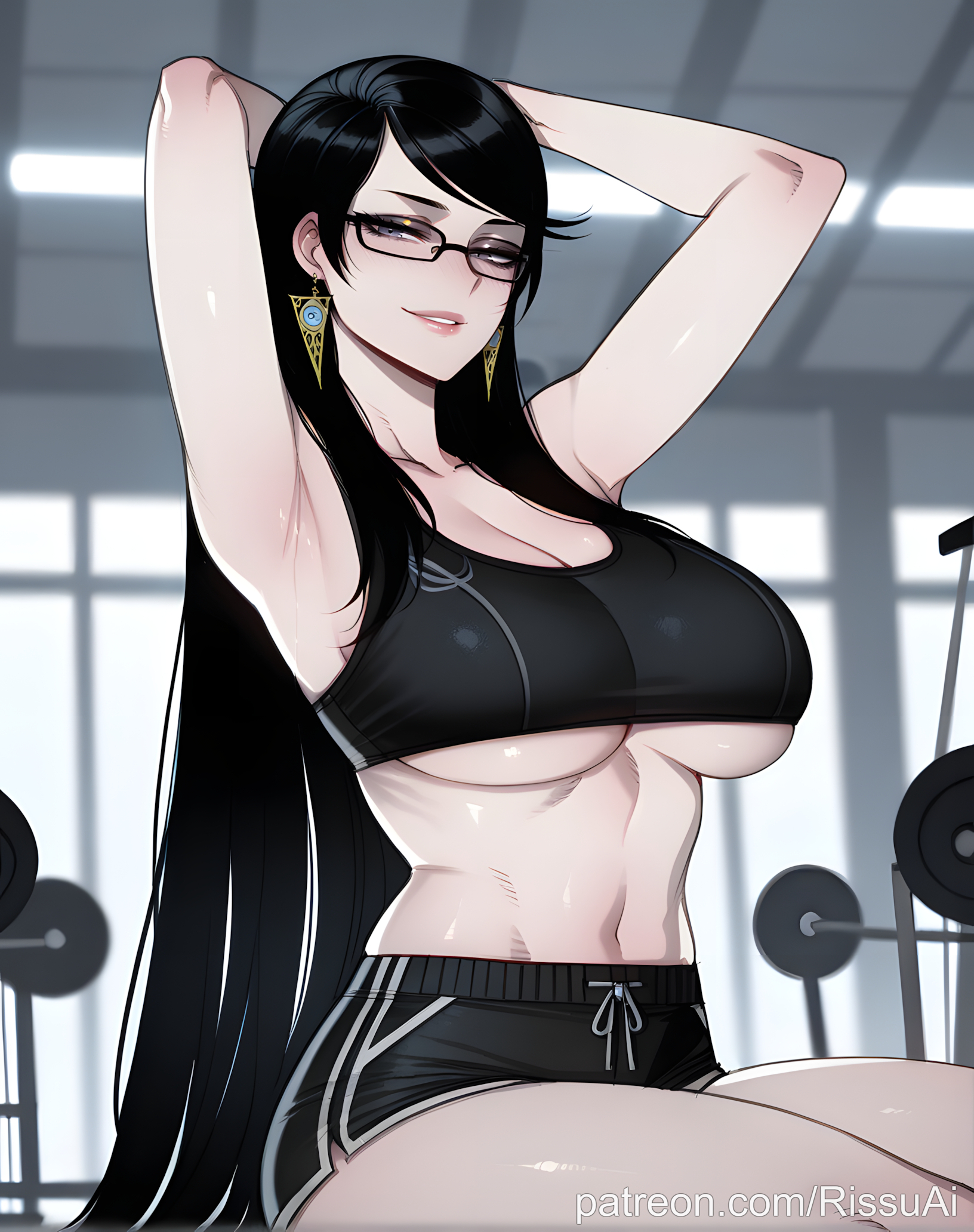 , 1female, 1girl, 1girls, 2026, absurdres, aesthetic, ai generated, alternate costume, anime, anime style, armpits, arms behind head, arms up, artist name, bare shoulders, bayonetta, bayonetta (character), bayonetta (series), bayonetta 2, bayonetta 3, beautiful, beautiful female, beautiful girl, big ass, big breasts, black eyes, black hair, black shorts, black sports bra, black-framed eyewear, blurred background, blush, blush lines, blushing, blushing female, breasts, bubble ass, bubble butt, cleavage, collarbone, crop top, curvy, curvy body, curvy female, curvy figure, curvy hips, curvy thighs, cute, cute face, digital art, digital painting, dolphin shorts, earrings, excited, excited expression, excited female, excited for sex, glasses, gym, high quality, highres, horny, horny expression, horny face, horny female, huge breasts, indoors, jewelry, large ass, large breasts, line art, lips, long hair, looking at viewer, makeup, midriff, mole, mole under mouth, navel, parted lips, patreon, patreon link, patreon username, platinum games, rissuai, sega, sexy, sexy body, sexy female, sexy pose, short shorts, shorts, sitting, smile, soft shading, solo, solo focus, sports bra, stomach, swept bangs, thick, thighs, underboob, very long hair, web address