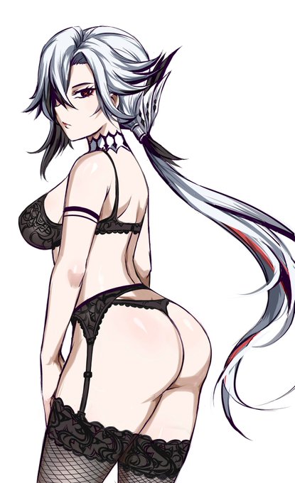 arlecchino (genshin impact), ass, backside, big ass, big breasts, box wonderland, bra, busty female, genshin impact, juicy lips, lingerie, long hair, panties, ponytail, sideboob, thicc, thick thighs, white and black hair, x eyes