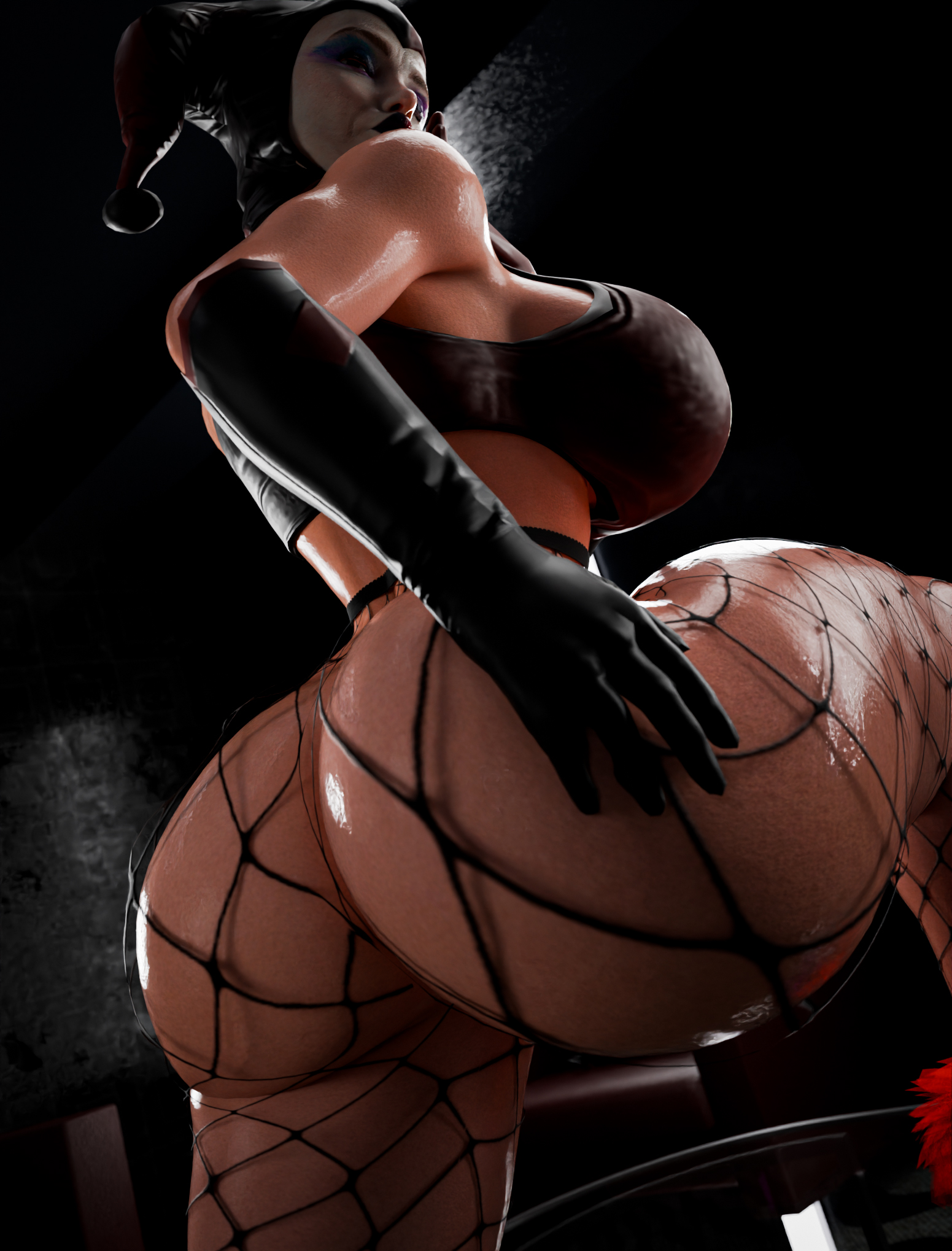 1girls, 3d, batman (series), big ass, big breasts, dc, dc comics, fat ass, fishnets, harley quinn, harley quinn (arkham), harley quinn (suicide squad game), huge ass, huge breasts, looking at viewer, looking back, solo, solo female, steamy3d, suicide squad, suicide squad: kill the justice league, thick thighs