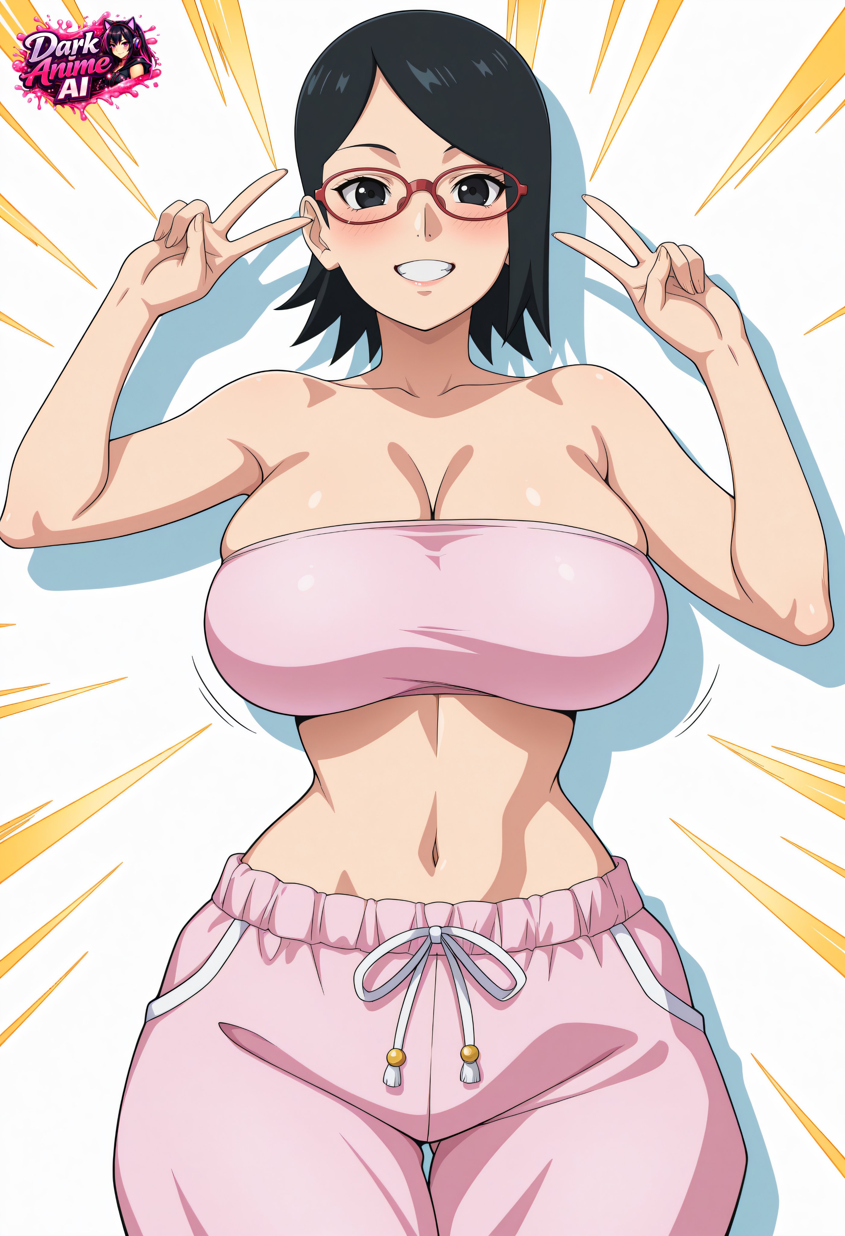 1girls, absurd res, absurd resolution, absurdres, ai generated, bare arms, bare shoulders, bbw, big breasts, bimbo, black eyes, black hair, boruto: naruto next generations, busty, cleavage, clenched teeth, clothed, clothing, cute, darkanime ai, female, female focus, female only, front view, glasses, gym clothes, gym clothing, gym uniform, hi res, high resolution, highres, hips, jogging pants, large breasts, light skin, light-skinned female, lips, lipstick, makeup, naruto, naruto (series), pale skin, pale-skinned female, peace sign, pink lips, pink lipstick, pinup, pose, posing, sarada uchiha, shonen jump, short hair, shounen jump, shueisha, skimpy, skimpy clothes, solo, solo female, solo focus, standing, sweatpants, teen, teenage female, teenage girl, teenager, teeth, teeth clenched, teeth showing, tomboy, toned, toned body, toned female, toned stomach, tubetop, uchiha sarada, v, very high resolution, weekly shonen jump, weekly shounen jump, wide hips