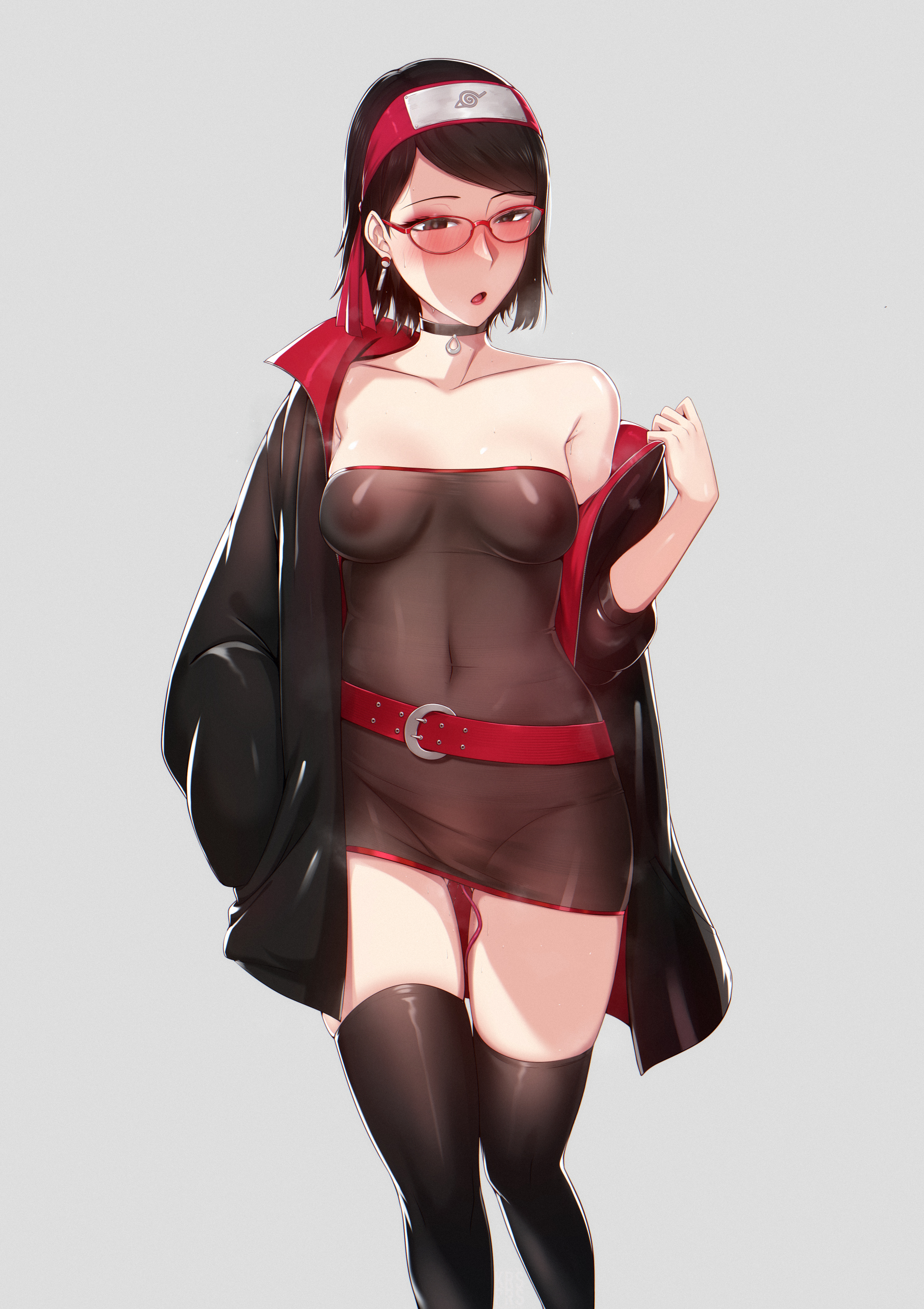 1girls, areolae, asian, asian female, bare shoulders, bare thighs, belt, bimbo, black eyes, black hair, black legwear, black thighhighs, blush, boruto: naruto next generations, boruto: two blue vortex, choker, collar, cute, dress, ear piercing, ear ring, earrings, female, female focus, female only, forehead protector, front view, genital fluids, glasses, headband, hi res, high resolution, highres, jacket, japanese female, jewelry, kairos+, konohagakure symbol, large areolae, legwear, light skin, light-skinned female, masturbation, narrowed eyes, naruto, naruto (series), nipples, nose blush, open mouth, pale skin, pale-skinned female, perky breasts, petite, petite body, petite breasts, petite female, pink nipples, pinup, pose, posing, pussy juice, pussy juice drip, sarada uchiha, see-through, see-through clothing, see-through dress, sex toy, shonen jump, short dress, shounen jump, shueisha, skimpy, skimpy clothes, skimpy dress, small breasts, solo, solo female, solo focus, standing, stealth masturbation, teen, teen girl, teenage female, teenage girl, teenager, thighhighs, uchiha sarada, uchiha symbol, undressing, vaginal fluids, vaginal insertion, vaginal juices, vaginal masturbation, vaginal object insertion, very high resolution, vibrator, vibrator in pussy, vibrator under clothes, weekly shonen jump, weekly shounen jump