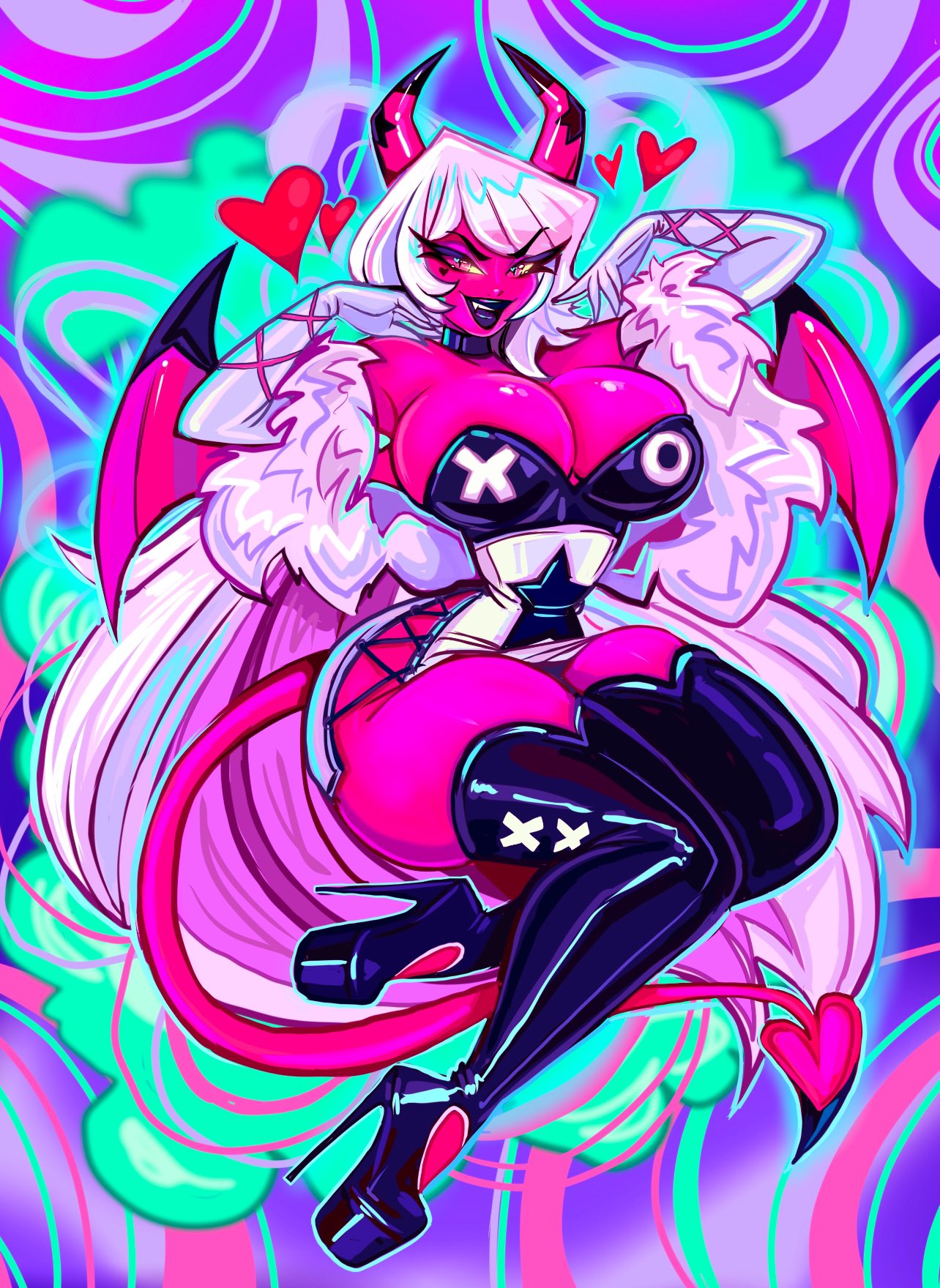 1girls, 2025, big breasts, bimbo, black lips, black lipstick, breasts, choker, cleavage, coat, demon, demon girl, demon horns, demon tail, demon wings, dress, eyewear, female, female only, footwear, fuck me boots, full body, fur coat, hair, heart, hearts, heels, helluva boss, high heel boots, high heels, hips, horns, huge breasts, legwear, lips, lipstick, long hair, neckwear, pink body, pink skin, platform heels, short dress, solo, solo female, theartofmathew, thick lips, thigh boots, thighs, thin waist, verosika mayday (helluva boss), white dress, white hair, wide hips, wings