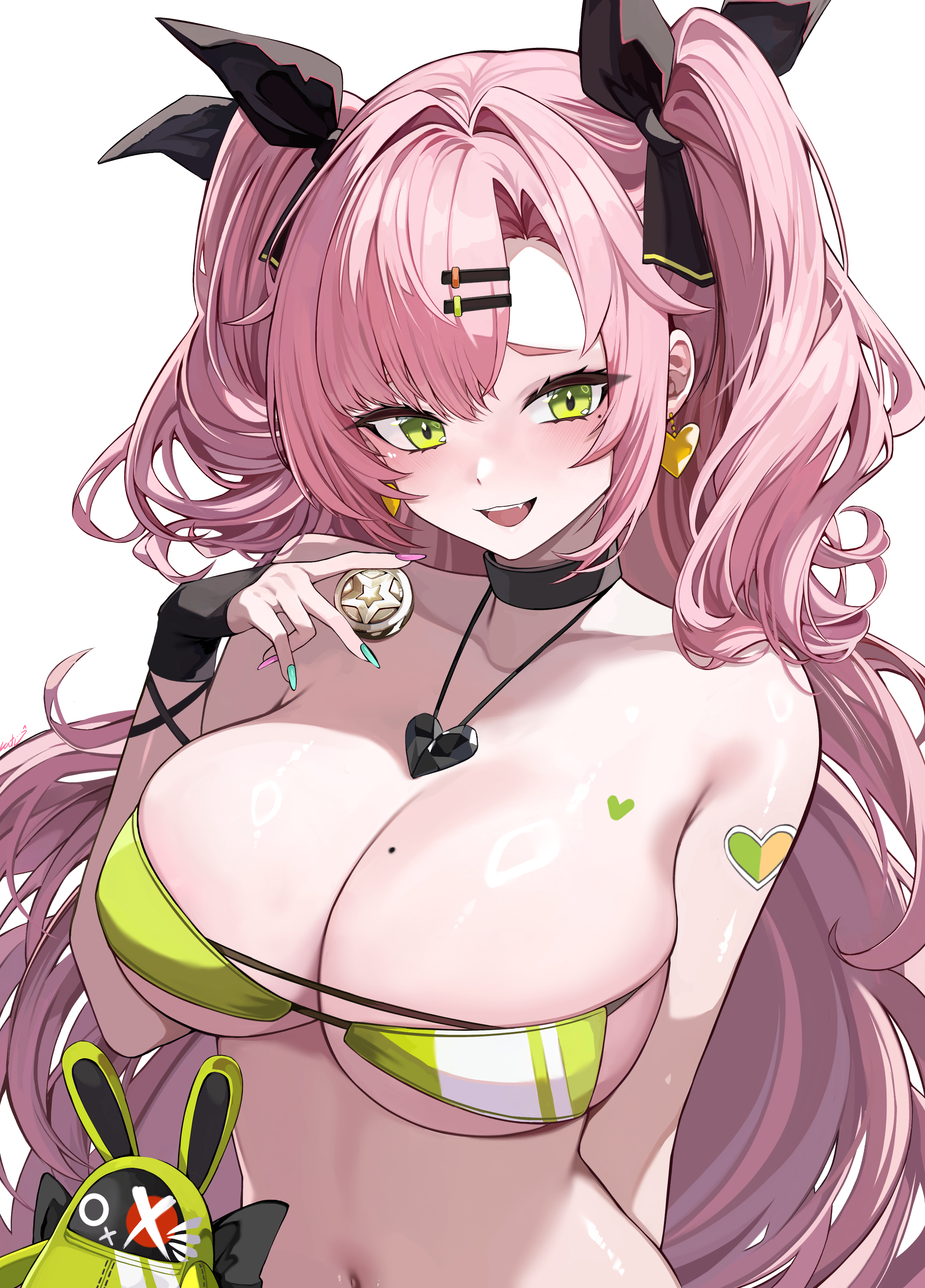 1girls, amillion (zenless zone zero), big breasts, blush, breast focus, breasts, cleavage, ear piercing, earrings, female, female only, green eyes, hair, hair ornament, hairclip, heart earrings, huge breasts, kkato, mole, mole on breast, mole under eye, multicolored nail polish, multicolored nails, necklace, neckwear, nicole demara, pink hair, ribbon, solo female, topwear, tubetop, twintails, upper body, upper body focus, white background, zenless zone zero