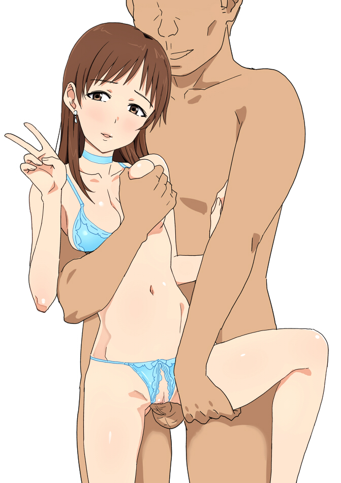 1boy blue_bra blue_panties bra breast_grab breasts brown_eyes brown_hair crotchless_panties earrings female ichihisa idolmaster idolmaster_cinderella_girls jewelry long_hair looking_at_viewer male navel nitta_minami open_mouth panties penetration penis sex shiny shiny_skin straight uncensored underwear v vaginal_penetration white_background