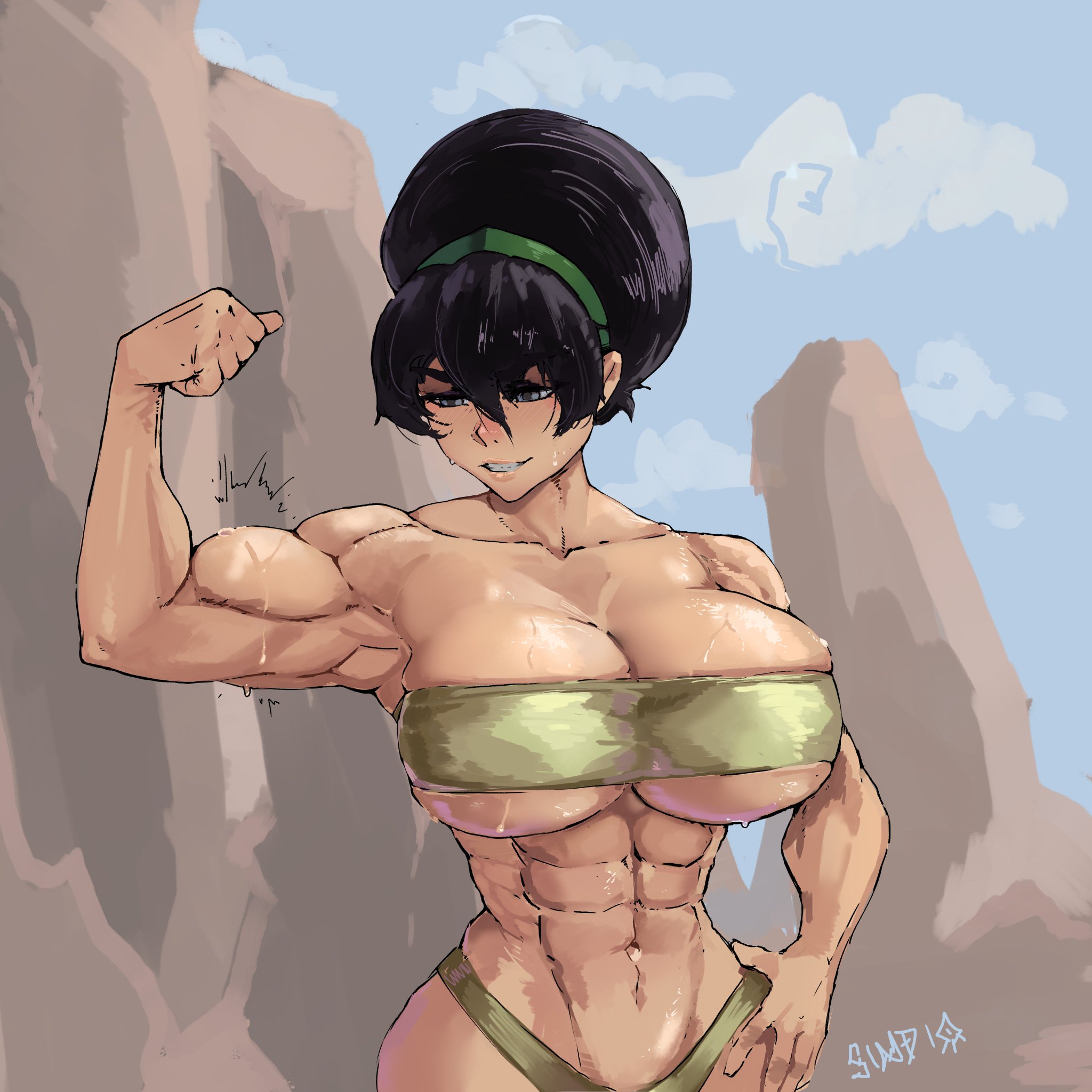 1girls, abs, alternate breast size, armpits, avatar the last airbender, barely clothed, barely covered breasts, big breasts, female, female only, flexing, flexing bicep, muscular, muscular female, sindio, solo, the legend of aang, the legend of korra, toph bei fong, tubetop