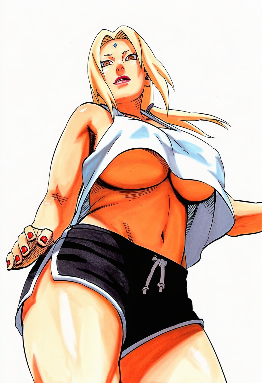 1girls, accurate art style, accurate body type, ai generated, alternate costume, athletic wear, bare shoulders, big breasts, black shorts, blonde female, blonde hair, breasts, brown eyes, clothed, clothing, collarbone, covered nipples, cowboy shot, crop top, crop top overhang, curvaceous, curvy, dolphin shorts, drawstring, eyebrows, female, female focus, female only, forehead jewel, forehead mark, foreshortening, from below, full color, high resolution, highres, huge breasts, large breasts, light skin, light-skinned female, line art, lipstick, long hair, looking at viewer, looking down, looking down at viewer, low twintails, low-angle view, manga style, mature female, midriff, nail polish, naruto, naruto (series), naruto shippuden, nipple bulge, no bra, official style, oppai, orange eyes, painted nails, parted lips, pinup, red nails, shiny skin, shirt, short eyebrows, short shorts, shorts, simple background, soft shading, solo, solo focus, standing, tank top, thick thighs, thighs, tsunade, twintails, underboob, upshirt, viewed from below, white background, white crop top, white tank top