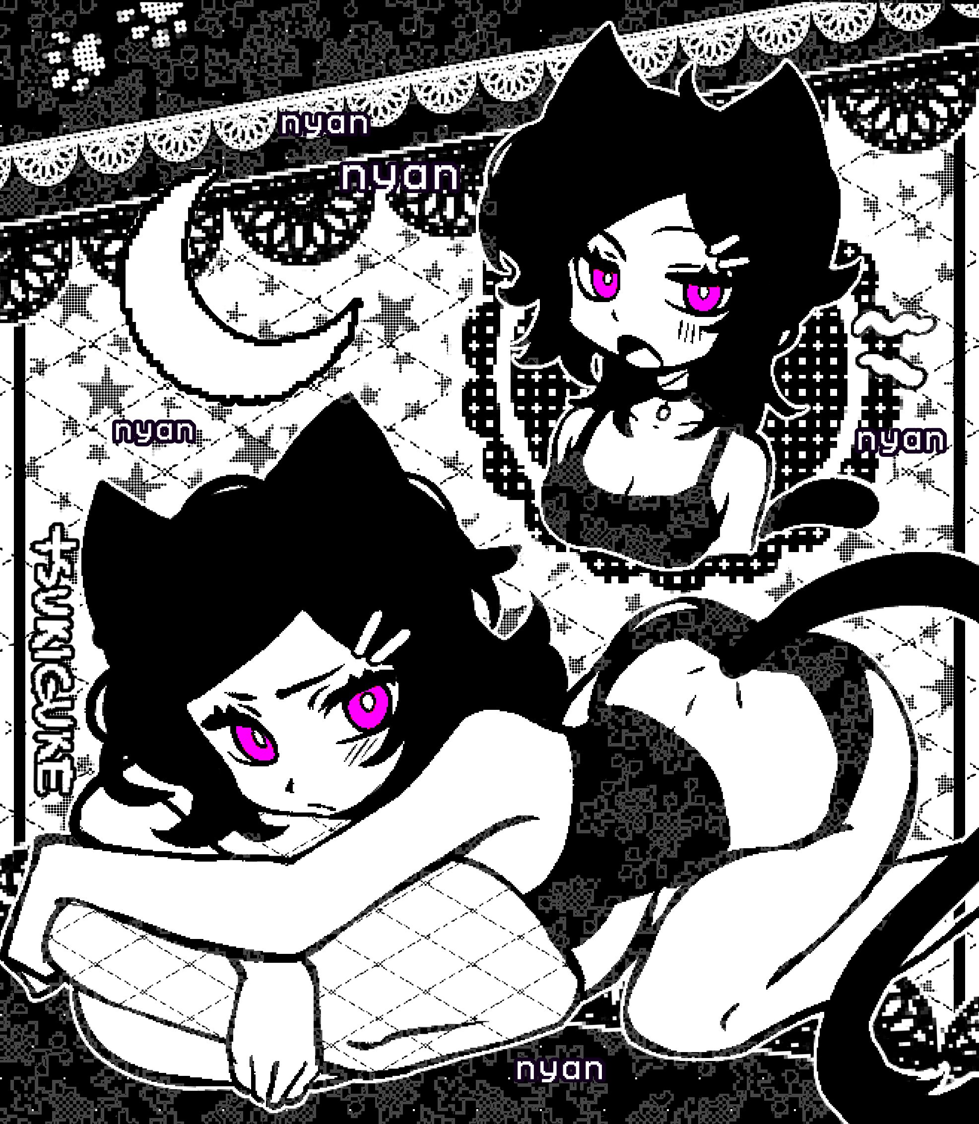1girls, 2d, ashley graves, ass, bent over, black hair, breasts, cat ears, cat tail, catgirl, choker, cleavage, female, female only, looking at viewer, pink eyes, solo, solo female, tail, the coffin of andy and leyley, tsukiguke