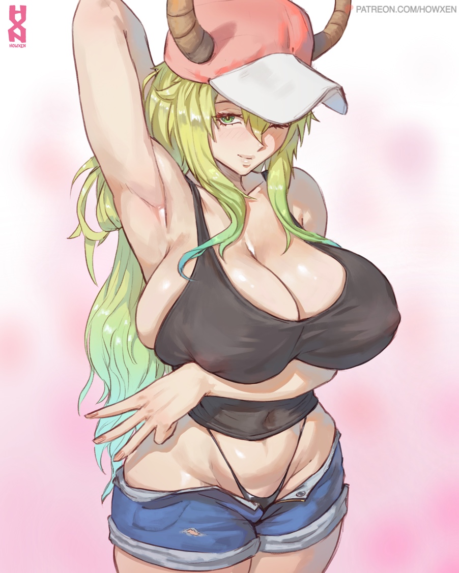 1girls, arm behind head, arm under breasts, armpits, baseball cap, big breasts, black tank top, black thong, blonde hair, blue shorts, bottomwear, breasts, cleavage, clothing, female, female only, green eyes, hair, hat, headwear, horns, howxen, huge breasts, long hair, mature, mature female, mature woman, miss kobayashi's dragon maid, one eye closed, quetzalcoatl (dragon maid), shorts, solo, solo female, tank top, thong, topwear, two-tone hair, whale tail