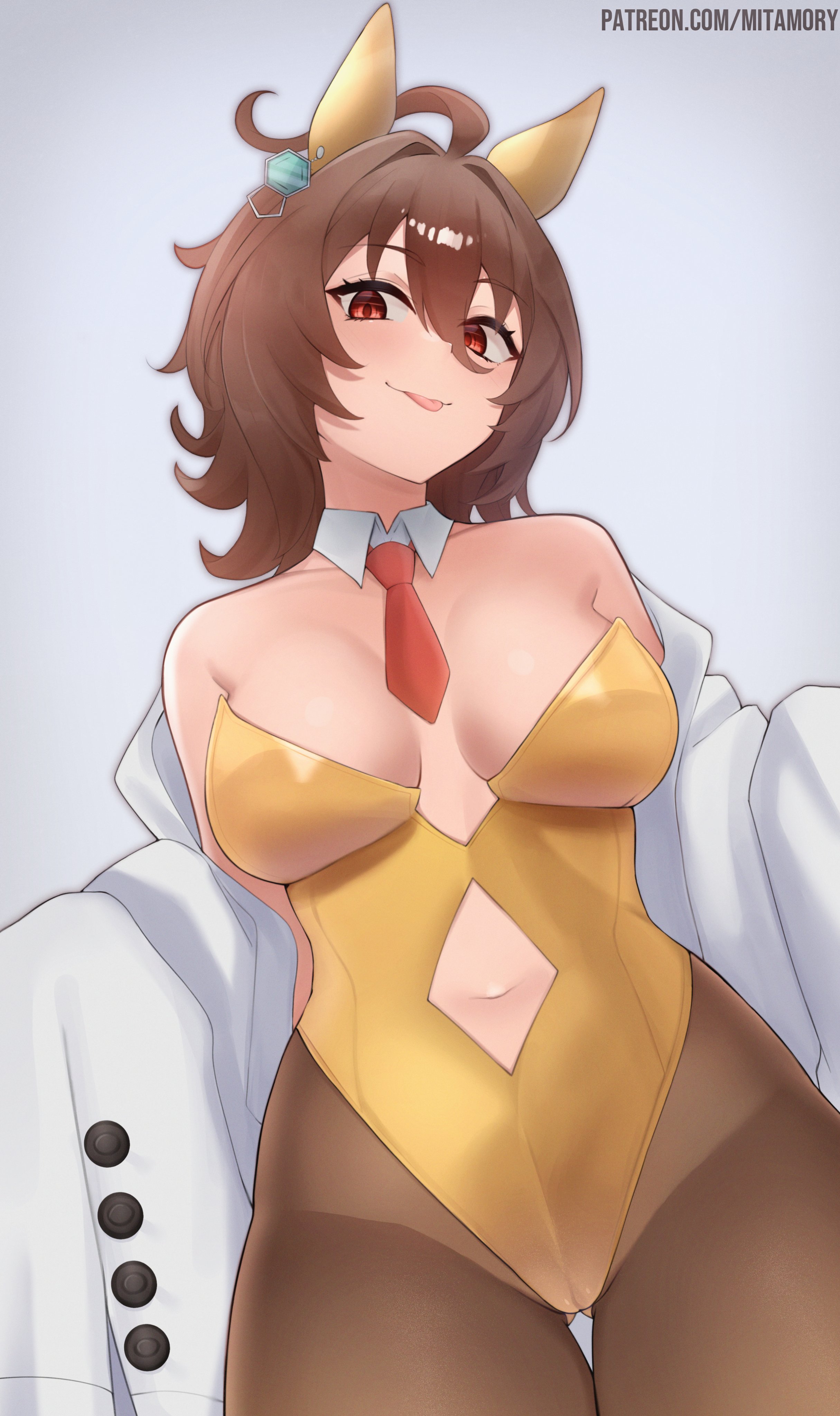 1girl, agnes tachyon (umamusume), ahoge, bare shoulders, brown hair, brown pantyhose, horse ears, horse girl, horse tail, lab coat, large breasts, looking at viewer, mitamory, off shoulder, open coat, playboy bunny, playboy bunny leotard, red eyes, short hair, solo, tongue out, umamusume, umamusume pretty derby, white coat, yellow leotard