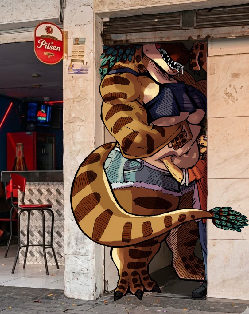 1boy, 1girls, 2d, alleyway milf (meme), anthro, big breasts, breasts, busty, colombia, curvy, curvy figure, dinosaur, dinosaur girl, female, female focus, hourglass figure, i.t-rex, krocoart, male, medellin, colombia, scalie, scalie humanoid, tagme, wide hips