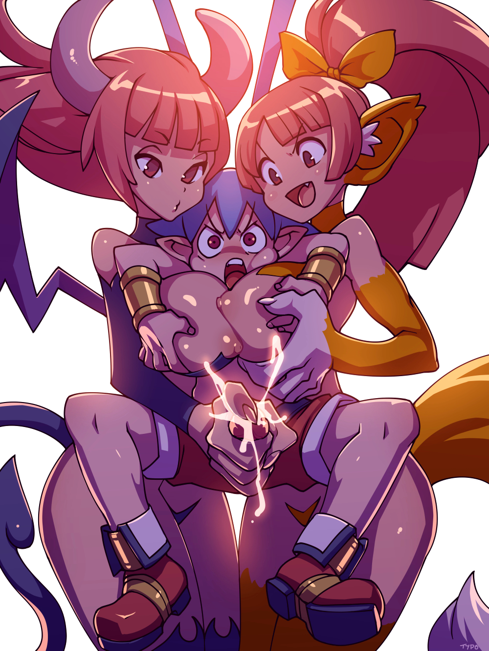 1boy 2girls antenna_hair between_breasts breast_grab breasts claws cum cute_fang demon_tail demon_wings disgaea disgaea_1 ejaculation female femdom handjob horns laharl monster_girl multiple_girls nekomata_(disgaea) nipples nippon_ichi_software o3o open_mouth optionaltypo person_between_breasts pink_hair pointy_ears shiny_skin shorts size_difference succubus_(disgaea) tail thighhighs