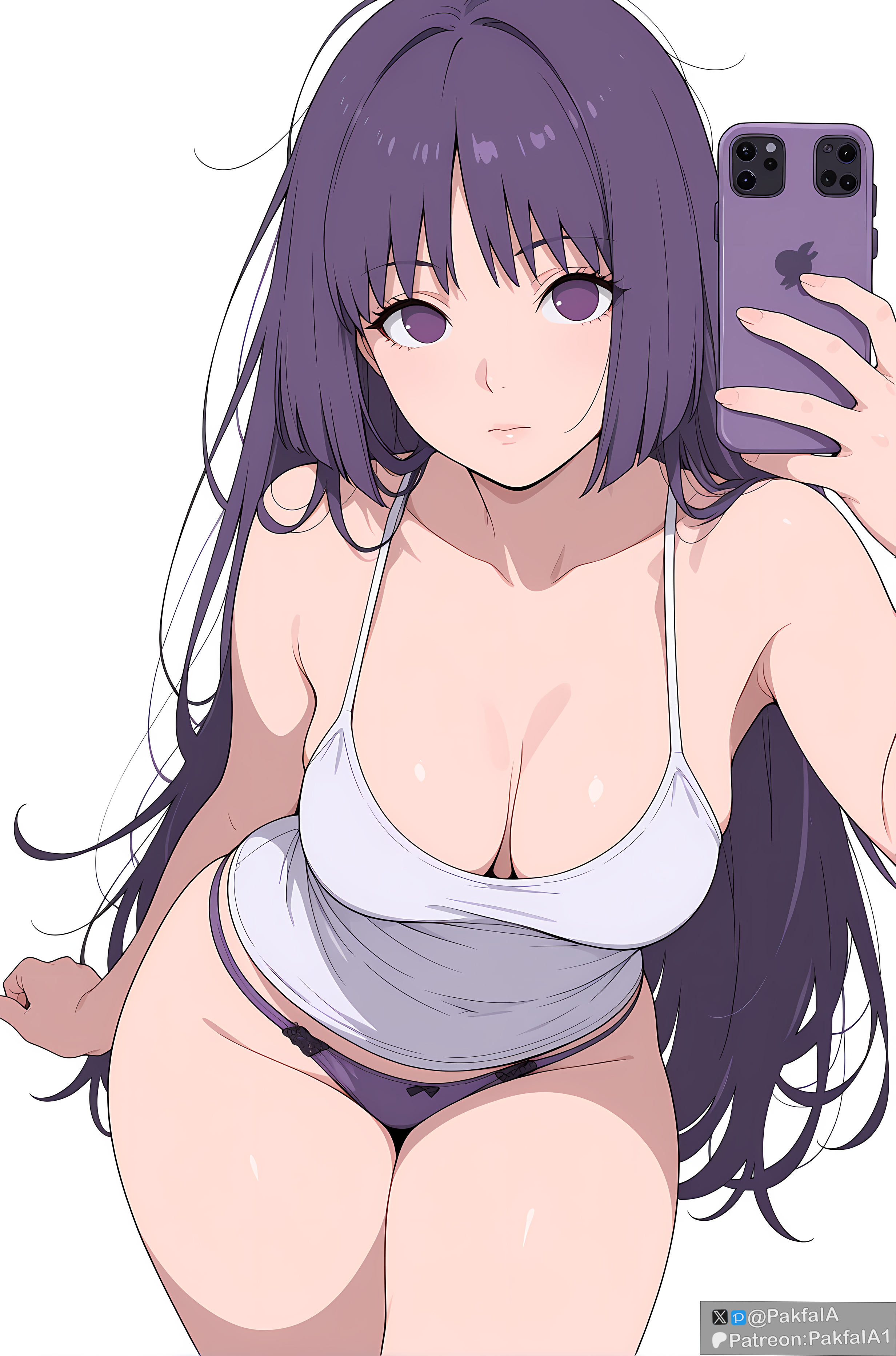 1girls, ai generated, arched back, bare arms, bare legs, bare shoulders, bare thighs, bbw, bent over, big breasts, boruto: naruto next generations, busty, child bearing hips, cleavage, clothed, clothed female, clothing, curvaceous, curvaceous female, curvaceous figure, curves, curvy, curvy body, curvy female, curvy figure, curvy hips, female, female focus, female only, front view, g-string, hair down, hi res, high resolution, highres, hips, hourglass figure, kakei sumire, large breasts, light skin, light-skinned female, lips, lipstick, long hair, looking at viewer, makeup, messy hair, mobile phone, naruto, naruto (series), pakfaia, pale skin, pale-skinned female, panties, phone, pink lips, pink lipstick, pinup, purple eyes, purple hair, purple panties, purple thong, purple underwear, selfie, selfie pose, shonen jump, shounen jump, shueisha, sideboob, sleeping, sleeveless shirt, solo, solo female, solo focus, standing, tank top, thick thighs, thighs, underwear, venus body, very long hair, voluptuous, voluptuous female, weekly shonen jump, weekly shounen jump, white background, wide hips