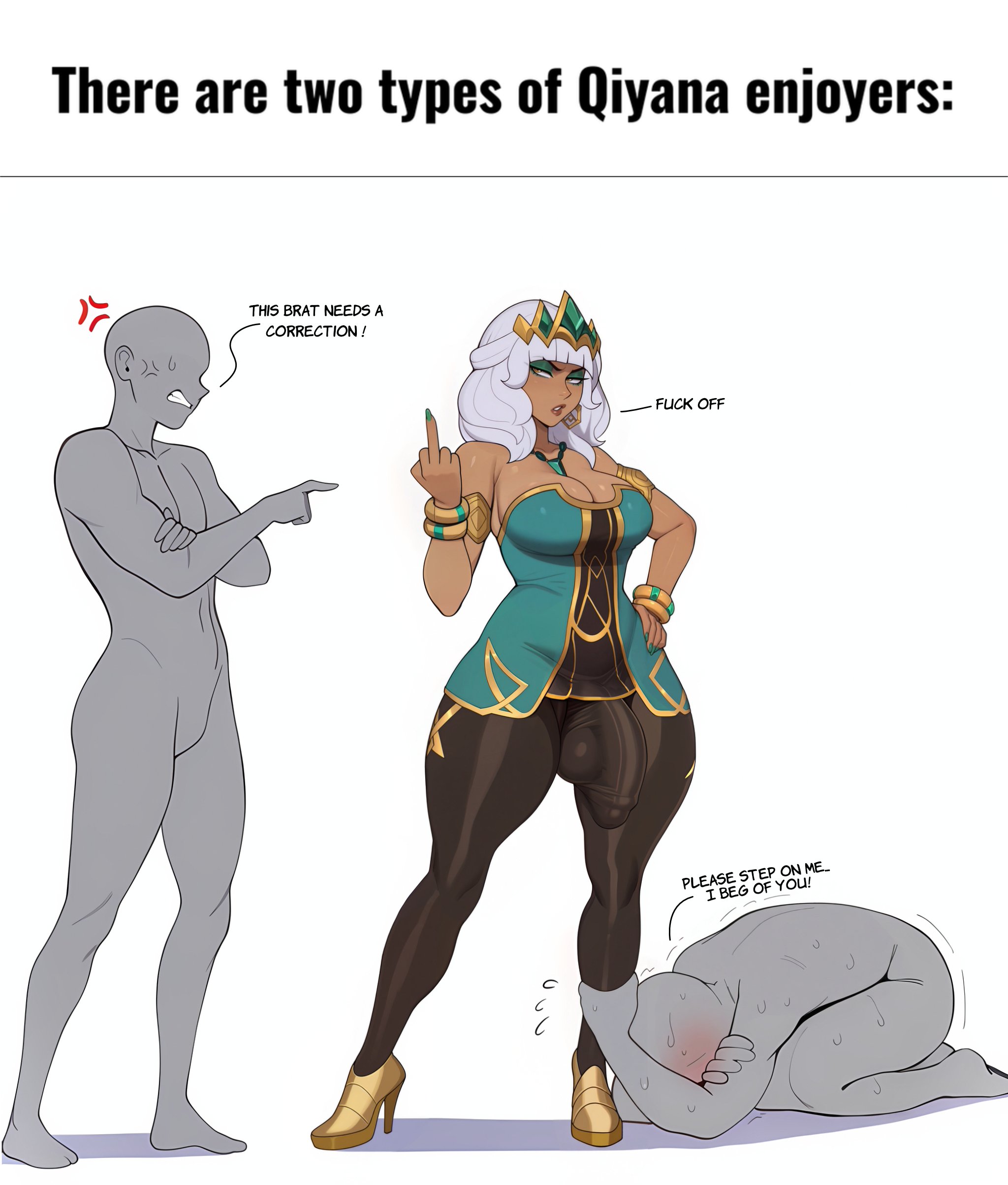 1futa, 2026, 2boys, ai generated, angry, angry face, begging, begging for more, big balls, big breasts, big penis, blushing, brown eyes, bulge, bulge down leg, bulge through clothing, child bearing hips, cleavage, crown, curvaceous, curvaceous body, curvaceous female, curvaceous figure, curvaceous hips, curvaceous thighs, dark skin, dark-skinned futa, dialogue, flaccid, flaccid penis, futa on male, futanari, hand on hip, horny, horny futa, huge balls, huge breasts, huge cock, hung futa, imminent rape, imminent sex, league of legends, looking at partner, male, middle finger, musk, musk clouds, necklace, noonyx, qiyana yunalai, sweat, sweatdrop, sweating, sweaty, text, thick thighs, thunder thighs, veiny penis, waifu, white hair