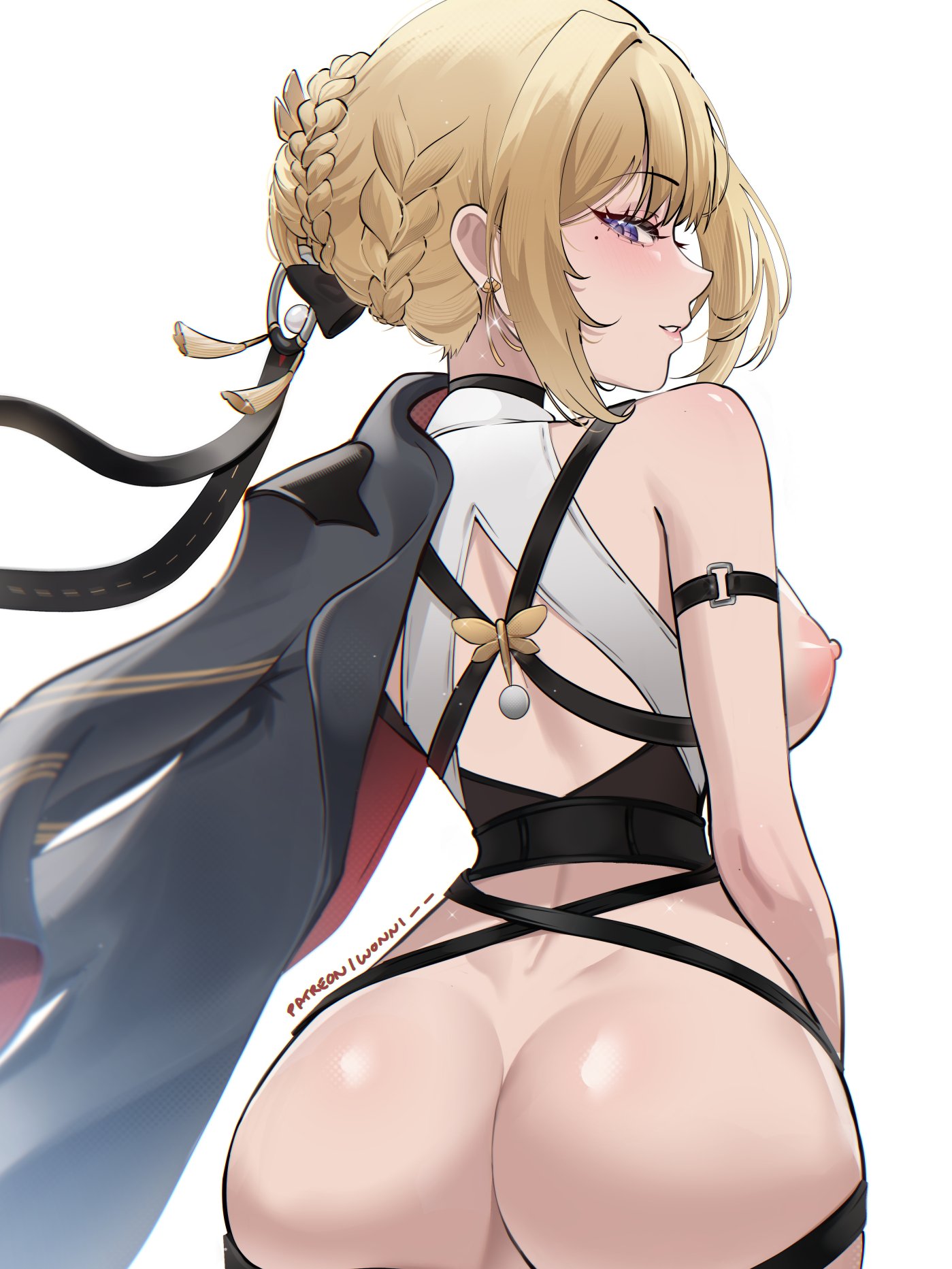 1girl, artist name, ass, black jacket, blonde hair, braid, breasts, bun with braided base, dimples of venus, evelyn chevalier, female artist, from behind, hair bun, highres, jacket, looking back, median furrow, medium breasts, mole, mole under eye, nipples, no pants, pants, parted lips, patreon username, purple eyes, shirt, short hair, simple background, smile, solo, white background, white shirt, wonnikon, zenless zone zero