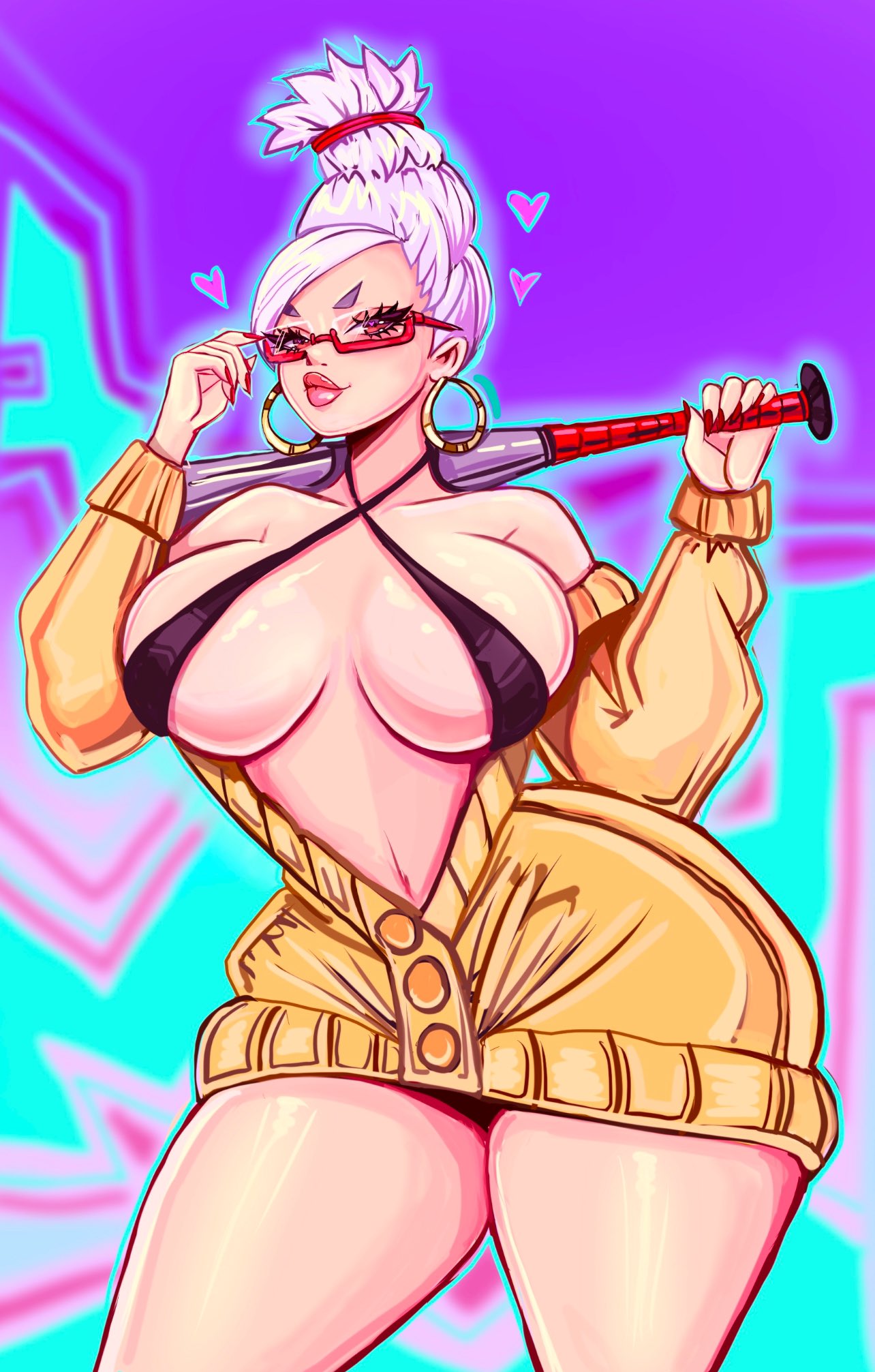 1girls, 2025, ayase seiko, baseball bat, big breasts, black slingshot swimsuit, breasts, breasts bigger than head, brown eyes, cleavage, dandadan, ear piercing, earrings, eyewear, female, female only, gilf, glasses, grandmother, hair, heart, heart-shaped pupils, hearts, hips, holding object, hoop earrings, lips, nail polish, nails, old woman, open sweater, parted lips, red nail polish, red nails, skimpy, skimpy clothes, solo, solo female, sweater, theartofmathew, thick thighs, thighs, white hair, wide hips