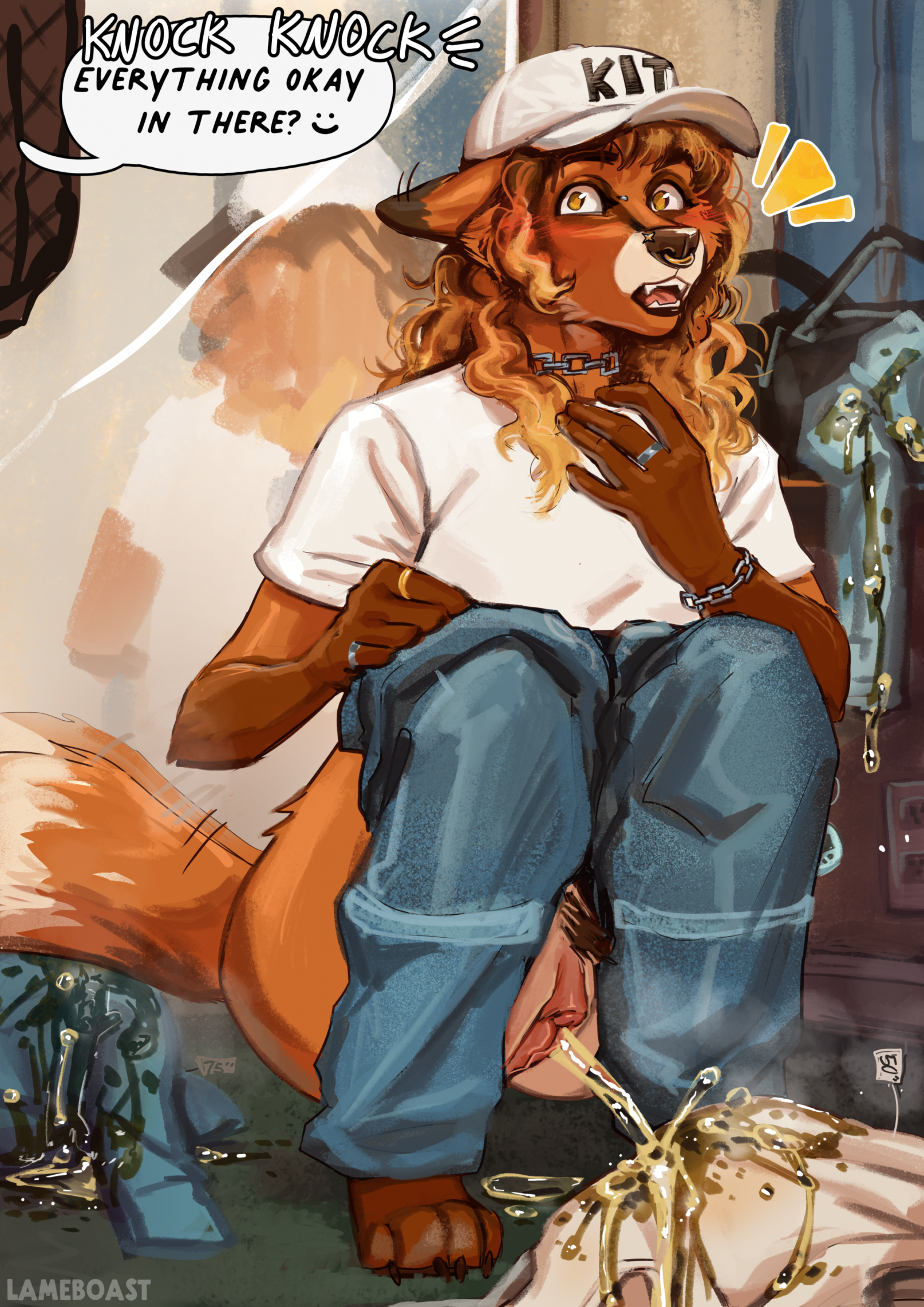 4 toes, 5 fingers, andromorph, andromorph anthro, andromorph peeing, anthro, barefoot, belt, big clitoris, big vulva, biped, black belt, black lips, black pubes, black text, blonde hair, blue bottomwear, blue clothing, blue jeans, blue pants, blush, blush lines, bodily fluids, bottomwear, bottomwear down, bridge piercing, brown body, brown claws, brown fur, brown nose, brown pawpads, canid, canine, carpet, caught in the act, chain bracelet, chain necklace, claws, clitoral hood, clitoris, clothed, clothed andromorph, clothed anthro, clothing, crouching, curly hair, denim, denim bottomwear, denim clothing, digit ring, digitigrade, dipstick tail, english text, facial piercing, fangs, feet, finger ring, fingers, fitting room, fox, fur, genital fluids, genitals, gold ring, green carpet, hair, hat, headgear, headwear, hi res, humanoid genitalia, humanoid hands, humanoid vulva, inside, intersex, intersex anthro, intersex peeing, jeans, jewelry, lameboast, lips, long hair, looking aside, mammal, markings, mirror, motion lines, multicolored body, multicolored fur, multicolored hair, necklace, nose piercing, nose ring, nose stud, offscreen character, open mouth, orange body, orange fur, orange hair, orange tail, outlet, pants, pants down, partially clothed, pawpads, paws, peeing, peeing on clothing, piercing, pink tongue, pink vulva, price tag, pubes, purse, red fox, ring piercing, septum piercing, septum ring, shirt, short sleeves, silver ring, snout, solo, sound effects, speech bubble, store, surprised, t-shirt, tail, tail markings, tail motion, tailwag, tan body, tan fur, tan tail, tan tail tip, teeth, text, text on clothing, text on hat, text on headwear, toe claws, toes, tongue, topwear, trans (lore), trans man (lore), true fox, two tone tail, urine, urine stream, vandalism, vulva, watersports, wet, wet clothing, white clothing, white hat, white headwear, white shirt, white t-shirt, white text, white topwear, wide hips, yellow eyes