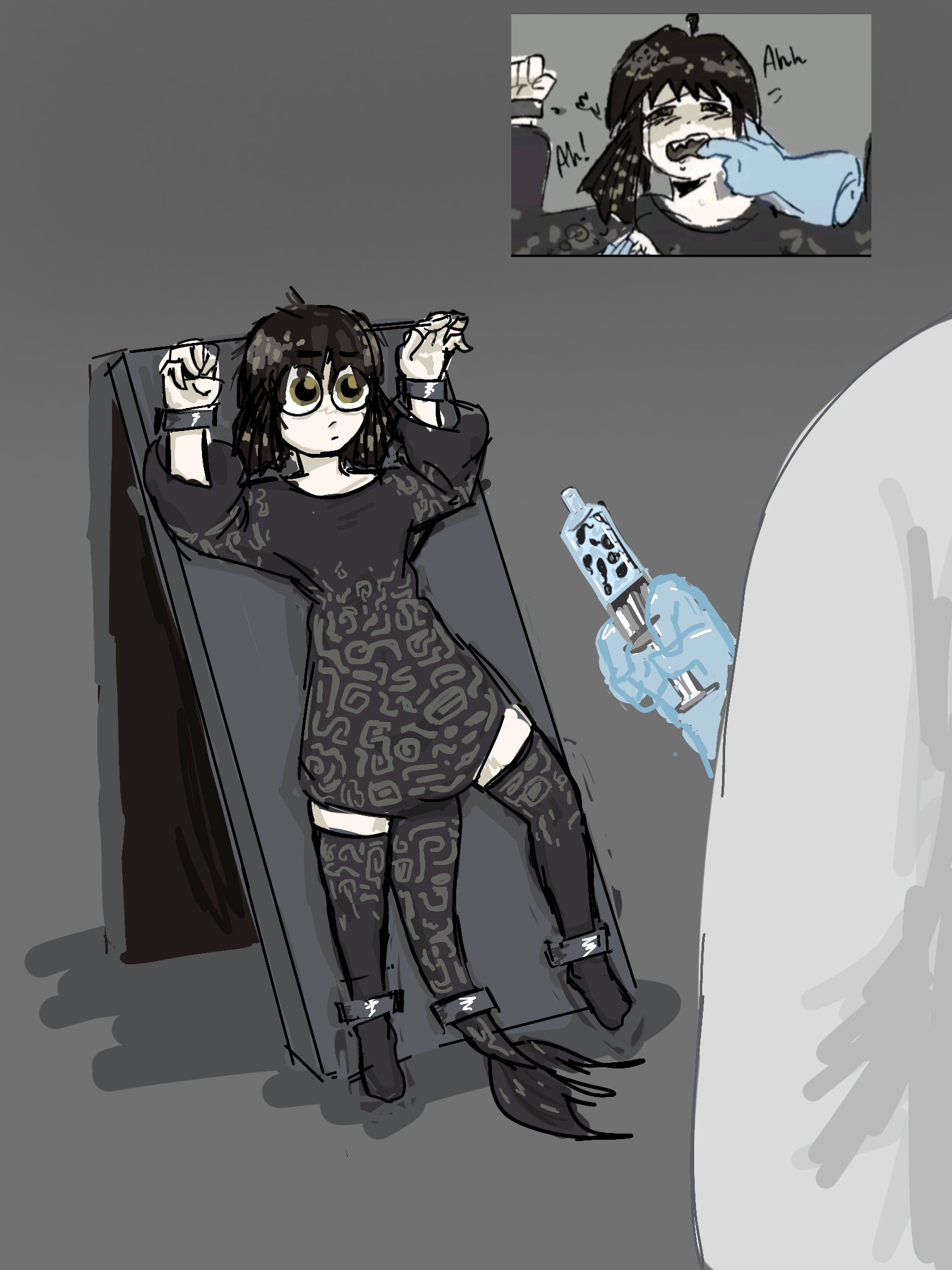 about to be raped, legs spread, mrsfool969, pleco (fish), pleco-chan, restrained, syringe, tadpole, tagme