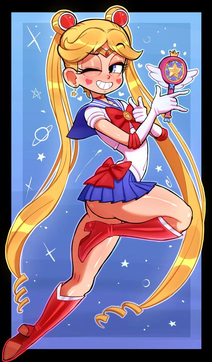 1girls, action pose, aged up, alternate costume, arm gloves, ass, ass cleavage, ass peek, bishoujo senshi sailor moon, blonde, blonde hair, blue background, blue eyes, boots, cosplay, cute, double bun, earrings, female, female only, full body, fully clothed, heels, high heel boots, high heels, leg up, long hair, looking at viewer, magic wand, magical girl, medium ass, miniskirt, pointing at viewer, posing, red boots, red heels, red high heel boots, red high heels, rukisan, sailor moon (cosplay), skirt, smile, solo, solo female, star butterfly, star vs the forces of evil, thick thighs, thighs, tiara, transformation sequence, twintails, underbutt, upskirt, very long hair, wink