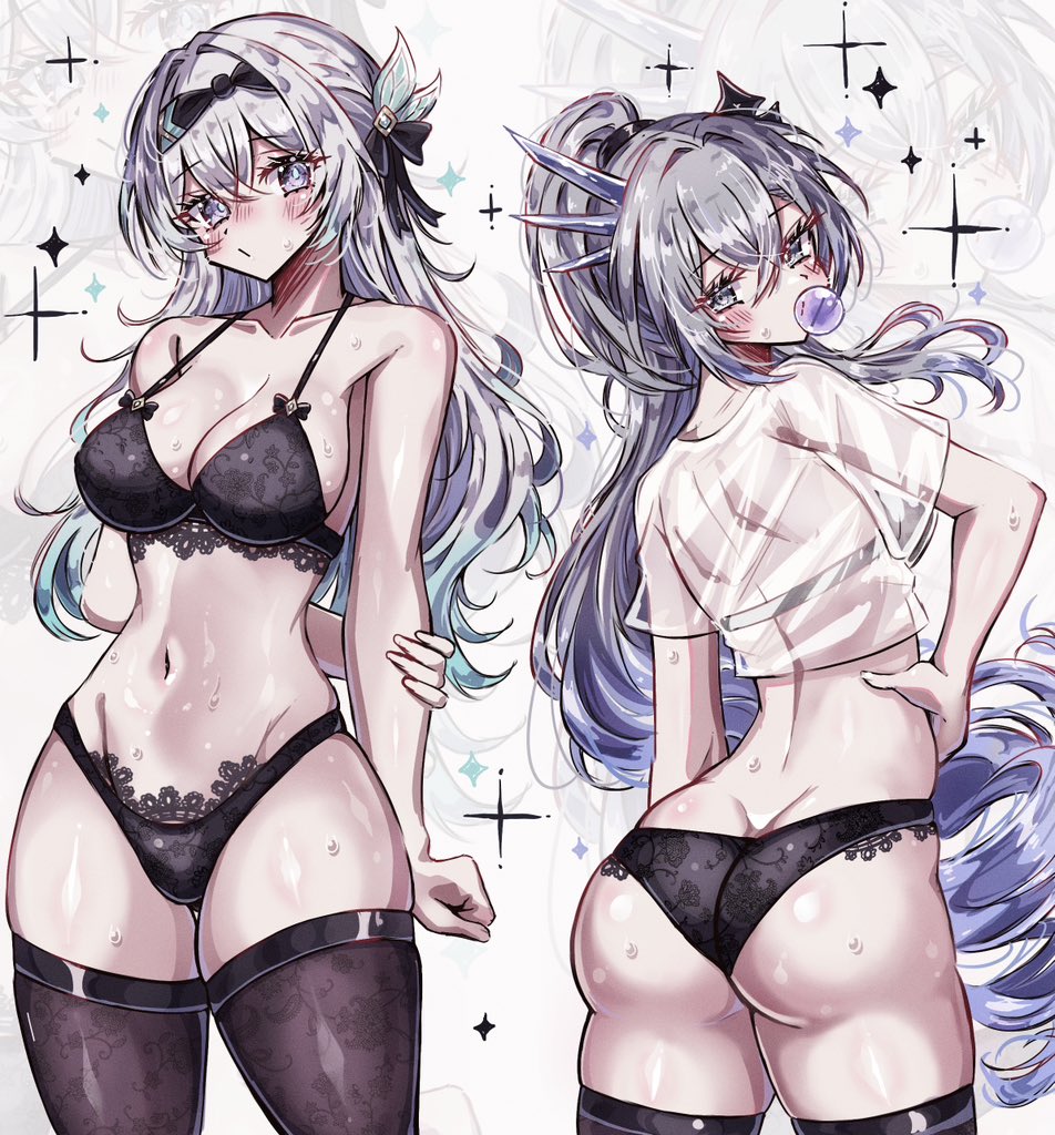 2girls, absurdres, arms behind back, ass, ass cleavage, bare shoulders, beautiful, belly, belly button, best girls, big ass, big breasts, black bra, black panties, black thighhighs, blue hair, blush, bra, breasts, bubble butt, candy, chewing gum, cleavage, collarbone, cute, doesn't care, facing away, facing viewer, female, female focus, female only, firefly (honkai: star rail), grey eyes, gum, hair ornament, hairband, highres, hips, hips wider than shoulders, honkai (series), honkai: star rail, huge ass, huge breasts, long hair, looking at viewer, looking back, medium breasts, multicolored hair, navel, panties, perfect ass, perfect body, petite, petite female, ponytail, posing, round ass, shirt, silver hair, silver wolf (honkai: star rail), silver wolf (lv.999) (honkai: star rail), simple background, thick ass, thick hips, thick thighs, thighhighs, thighs, transparent clothing, transparent shirt, usa (usagi minku), usagi minku