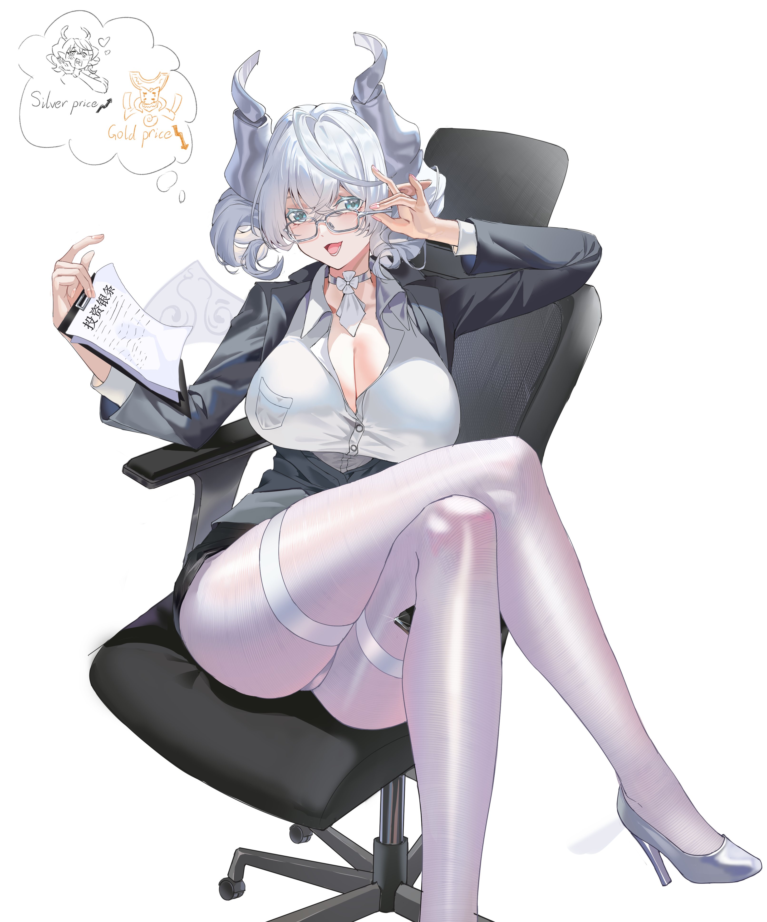ass, blush, butt, chair, crossed legs, demon, demon girl, female, female only, garter, glasses, hi res, high heels, huge breasts, labrynth of the silver castle, large breasts, liulixiao, liulixiao 0v0, looking at viewer, lovely labrynth of the silver castle, necklace, necktie, office lady, one leg raised, open mouth, pantyhose, pointy ears, princess, queen, safe, secretary, silver eyes, simple background, sitting, skirt, thighs, twin drills, twintails, uniform, white background, white hair, white pantyhose, white tights, yu-gi-oh!