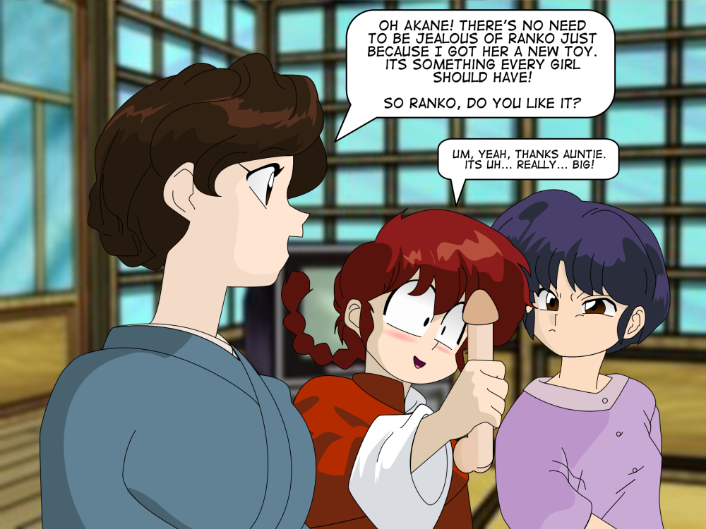 3girls akane_tendo blush canon_genderswap clothing dildo english_text female female_only gender_transformation genderswap genderswap_(mtf) holding holding_dildo jealous mother mother_and_daughter mother_and_son multiple_girls nodoka_saotome ranma-chan ranma_1/2 ranma_saotome shopping text