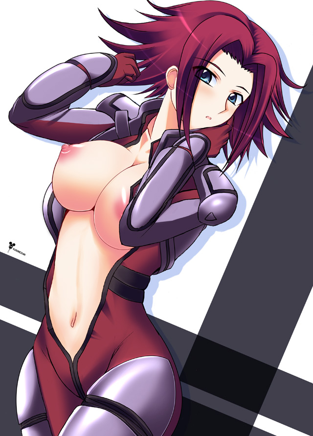 :o adjusting_hair blue_eyes blush bodysuit breasts cleavage code_geass dutch_angle embarrassed erect_nipples female gloves hips kallen_stadtfeld kuronezumi large_breasts navel nipples no_bra open_clothes open_mouth puffy_nipples red_hair shadow shiny shiny_hair short_hair solo spiked_hair standing undressing wide_hips