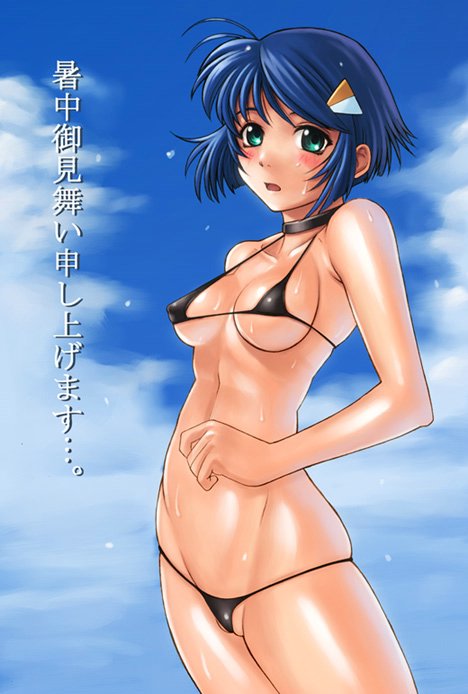 1girls blue_hair blush breasts cameltoe female green_eyes micro_bikini open_mouth scheris_adjani scryed short_hair small_breasts solo swimsuit translation_request uncensored yasuomi