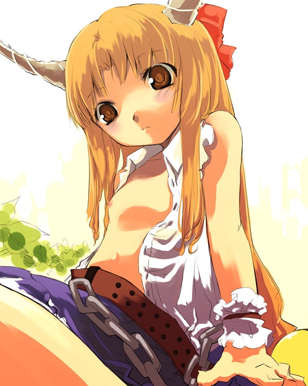 1girls female flat_chest horns kfc nipples open_clothes open_shirt shirt solo suika_ibuki touhou yuu_(kfc)