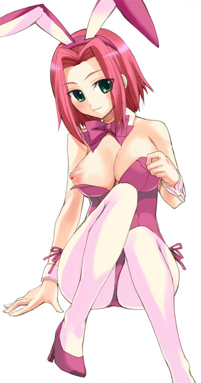 animal_ear blush breasts bunny_ear bunnysuit code_geass female green_eyes high_heels kallen_stadtfeld nipples otabe_sakura otabetaste pantyhose pink_hair puffy_nipples red_hair shoes short_hair wrist_cuffs