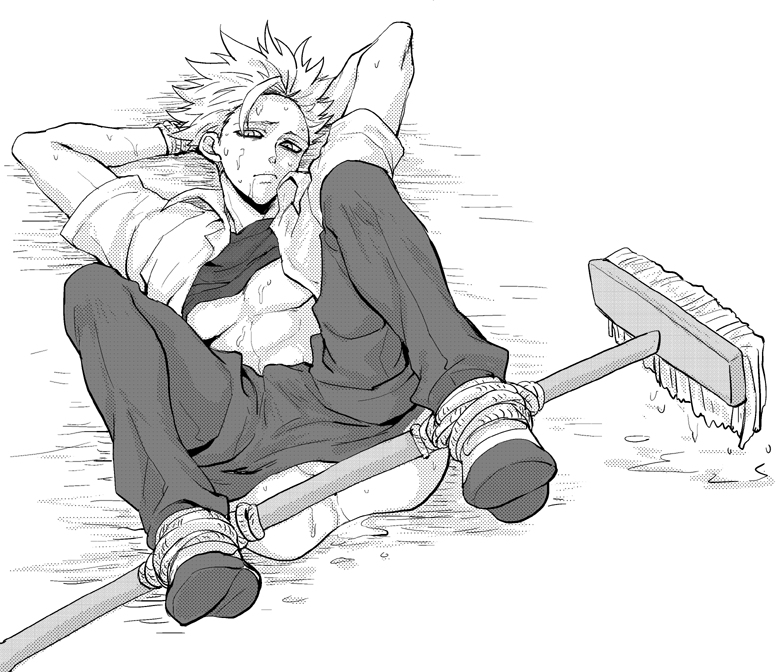 1boy, anus, arms behind head, artist request, ass, ban (nanatsu no taizai), broom, looking at viewer, male, male only, monochrome, nanatsu no taizai, pov, restrained, rope, shirt lift, solo, spiked hair, undressing