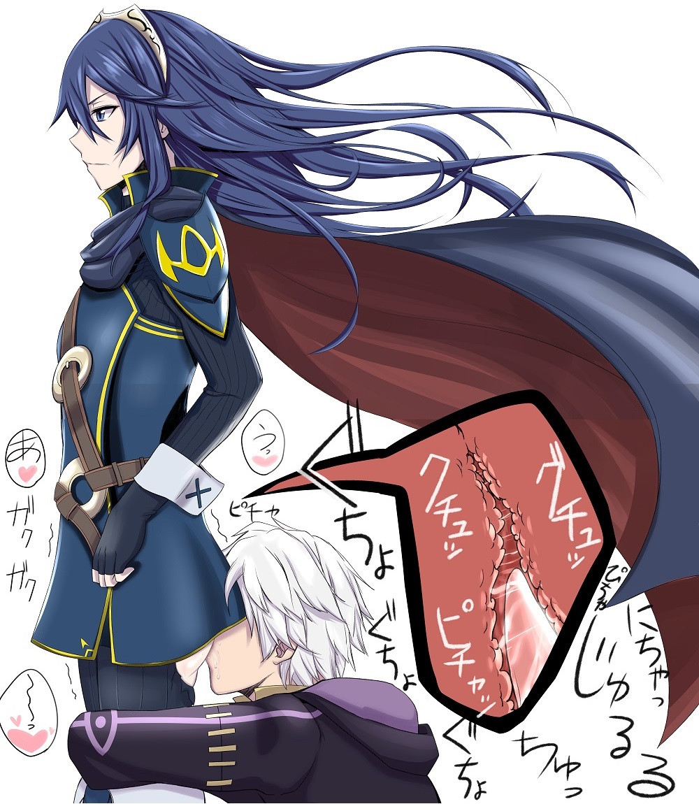 1boy, 1girls, anilingus, blue hair, cape, expressionless, face in ass, female, fire emblem, fire emblem awakening, hair, human, licking, long hair, lucina (fire emblem), male, male rimming female, nintendo, oral, rimming, robin (fire emblem), robin (fire emblem) (male), tongue in anus, umayahara0130, white hair, x-ray