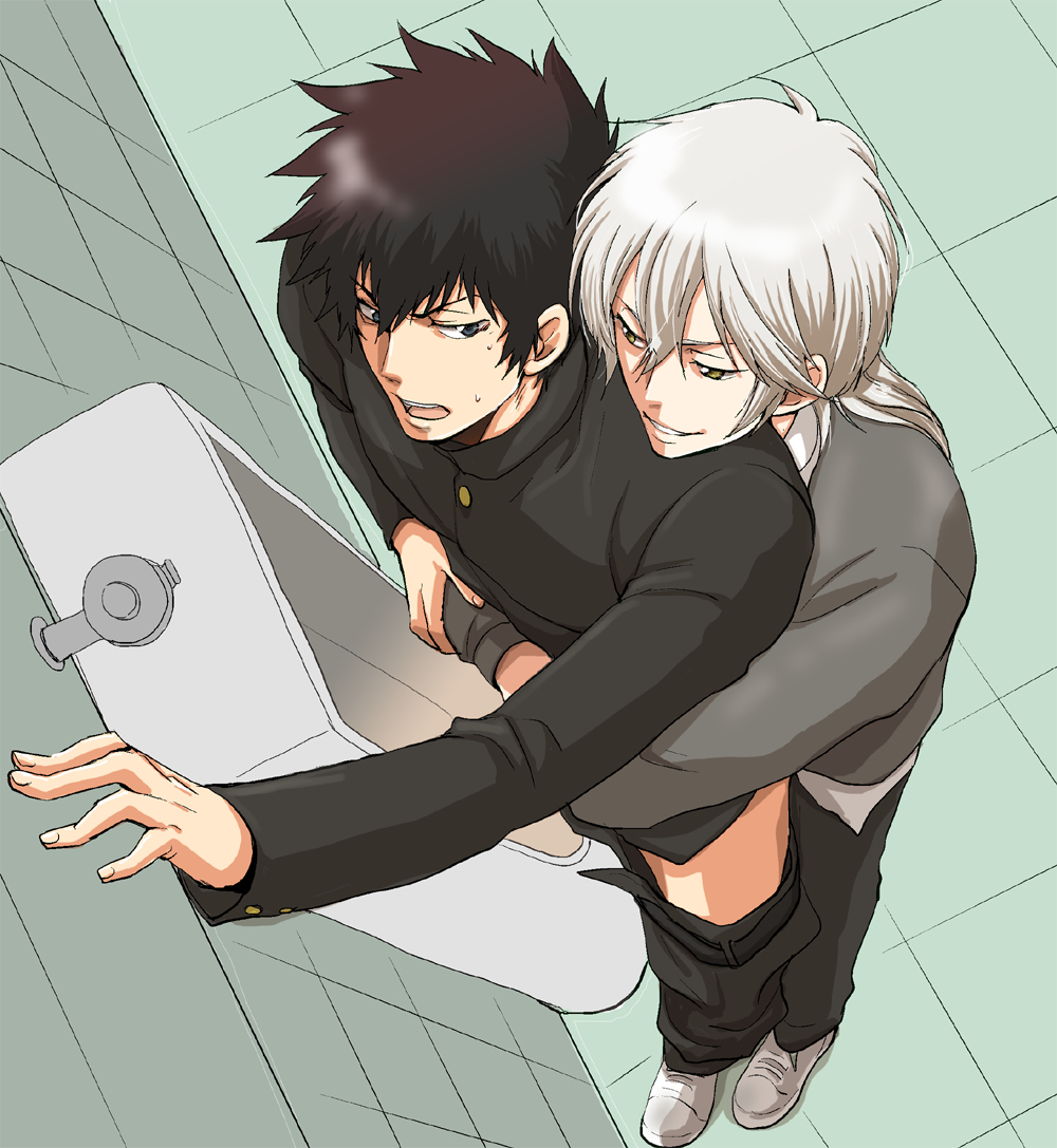 2014 2boys bathroom bathroom_sex black_hair gakuran gay hair kougami_shin'ya makishima_shougo male male/male male_only multiple_boys pants_down ponytail psycho-pass school_bathroom school_uniform spiked_hair student tied_hair toroi urinal white_hair yaoi younger