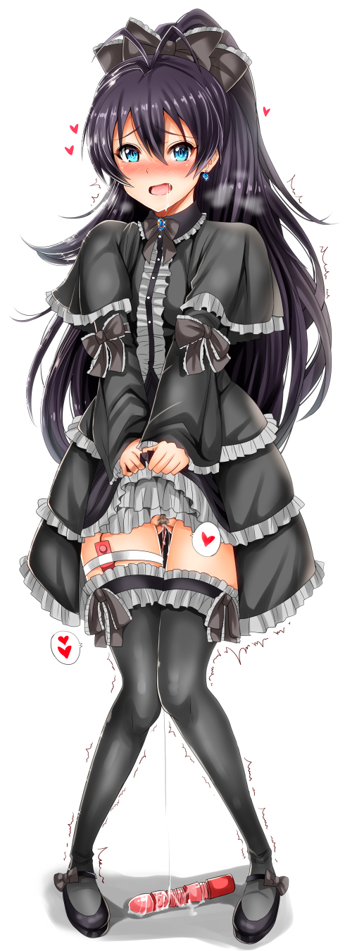 arm_ribbon black_dress black_legwear blue_eyes blush bow capelet dress dress_lift earrings female frilled_dress frills ganaha_hibiki gothic_lolita hairbow heart highres idolmaster inu_(marukome) jewelry leg_garter lolita_fashion long_hair looking_at_viewer no_panties open_mouth pubic_hair purple_hair pussy pussy_juice ribbon saliva solo thighhighs trembling very_long_hair vibrator