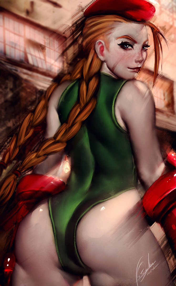 ass back_view beret blue_eyes braid cammy_white capcom clothed dat_ass female female_only fingerless_gloves freckles gloves human leotard long_hair looking_at_viewer looking_back orionm outdoors pose smile solo standing street_fighter tied_hair twin_braids