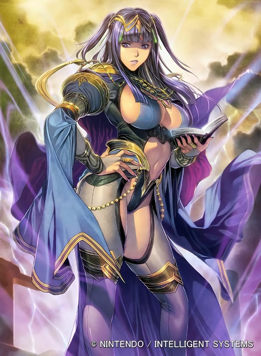 1girls, alternate costume, big breasts, book, breasts, cape, contrapposto, dark mage, female, female focus, female only, fire emblem, fire emblem awakening, fire emblem cipher, gloves, goth, goth girl, hand on hip, highres, homare (fool's art), jewelry, large breasts, long hair, looking at viewer, official art, official artist, open book, parted lips, purple eyes, purple hair, sideboob, solo, solo female, solo focus, standing, tharja (fire emblem), thighhighs, thighs, tiara, two side up