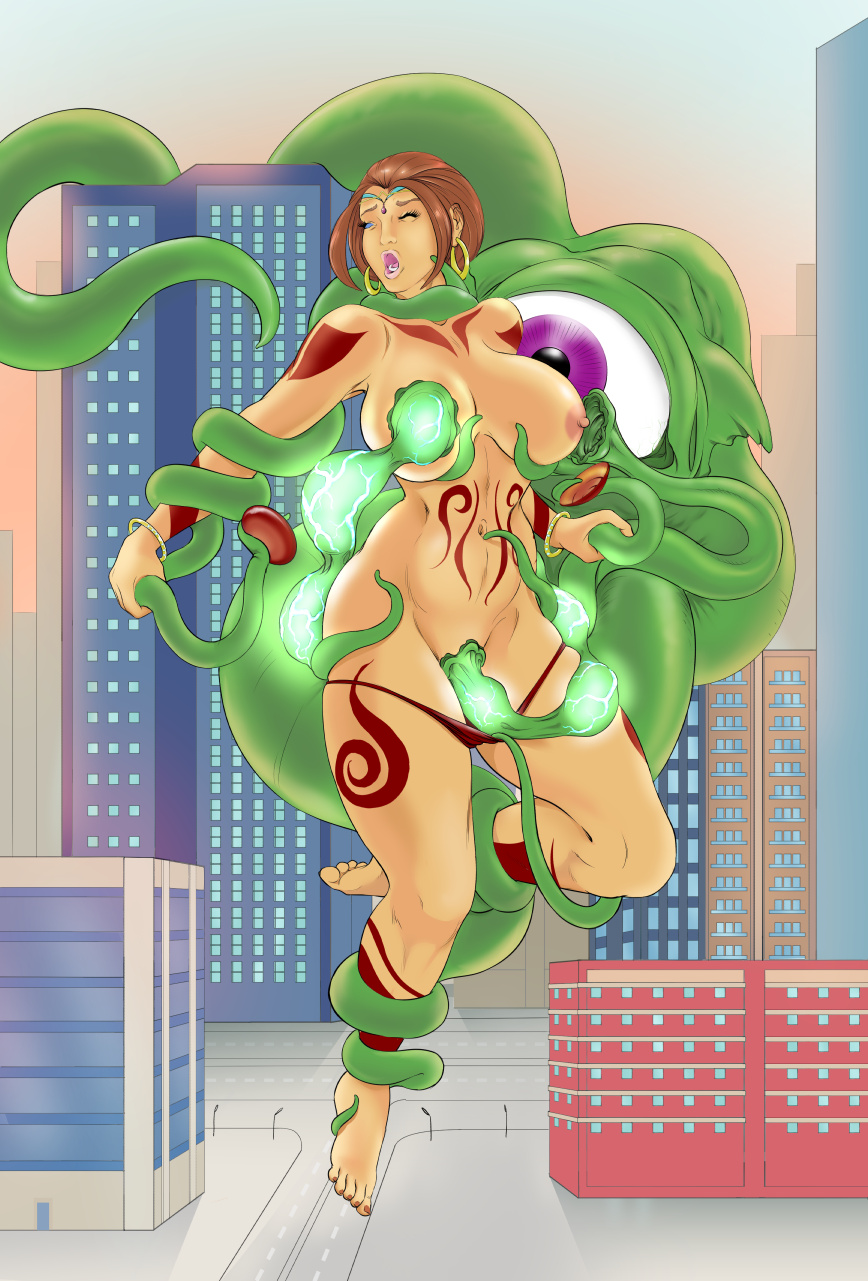 barefoot breast_sucking breasts brown_hair closed_eyes double_breast_sucking energy_drain feet female giantess hirumono interspecies marvel marvel_comics milking_tentacles monster open_mouth restrained shuma-gorath shuma_gorath spread_legs straight_hair tentacle tentacle_grab tentacle_sucking_breasts