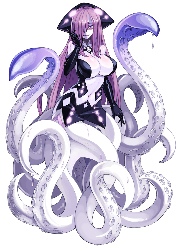 bangs blush breasts cleavage come_hither elbow_gloves female female_focus gloves hair_over_one_eye hat hentai kenkou_cross kraken_(mamono_girl_lover) kraken_(monster_girl_encyclopedia) large_breasts long_hair mamono_girl_lover monster_girl monster_girl_encyclopedia navel official_art pale_skin payot purple_eyes purple_hair scylla smile solo squid tentacle